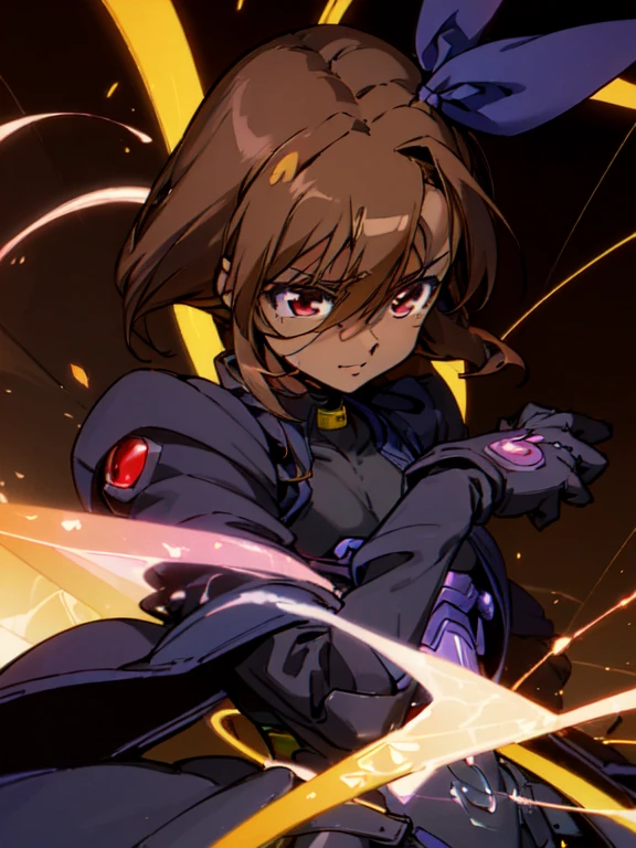 (((Dark skin))),otokonoko, cute,(1 beautiful boy), dark brown hair, {long silky hair side-swept bangs,hair style} red eyes, (flat chested) (wearing a Magical Girl Lyrical Nanoha StrikerS: Vivio Takamachi  long black saint barrier jacket), black exosuit, gloves, adorable smile, close up, {stable body}