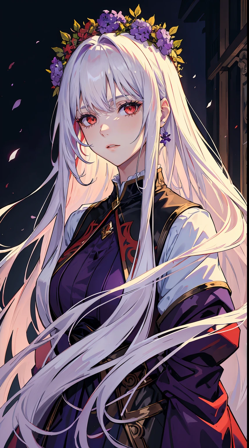 handsome girl,red-eyes,red pupils,Long white hair,Hyperresolution,accuracy,Detailed rendering,(Subtle facial image)(Image of fine hair)(topquality)(Masterpieces of masters)(High degree of completeness)(A sense of atmosphere)tmasterpiece,Super detailed and super detailed(half-body portrait)in a purple velvet dress, on her head is a wreath of purple flowers