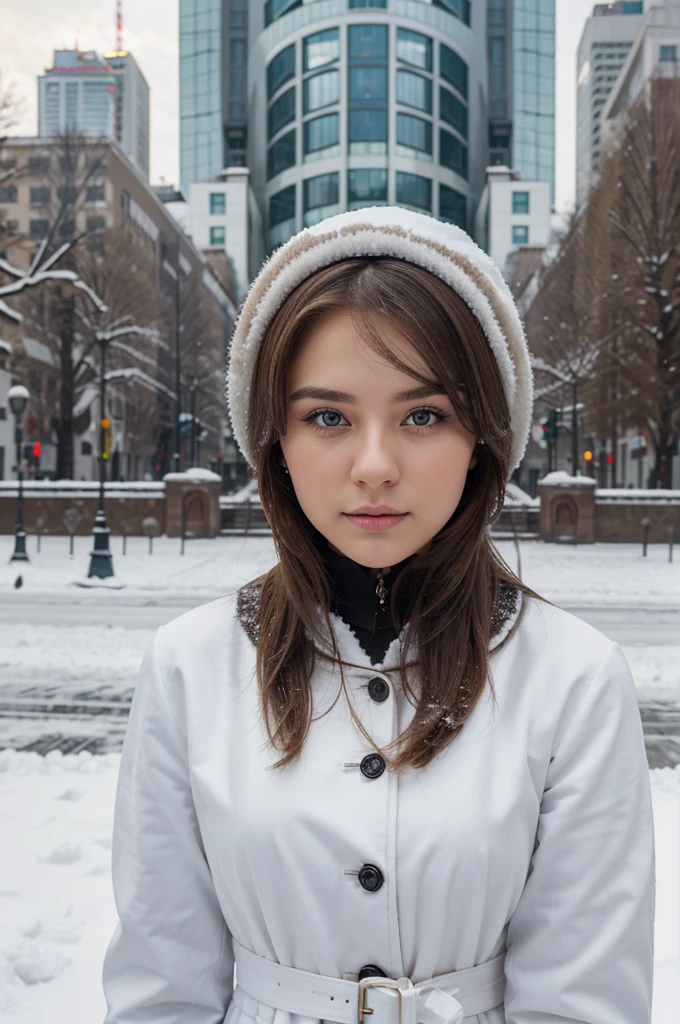 ((best quality)), ((Meisterwerk)), (Detailliert), Perfektes Gesicht, 1.1, Hochdetaillierte Gesichts- und Hautstruktur, Detaillierte Augen, brown eyes, brown colored eyes, cute makeup, Anastasia 24 year old russian, cute instagram modeling pictures, full body picture taken from 3 meters away, snowy moscow city background, russian modest clothing