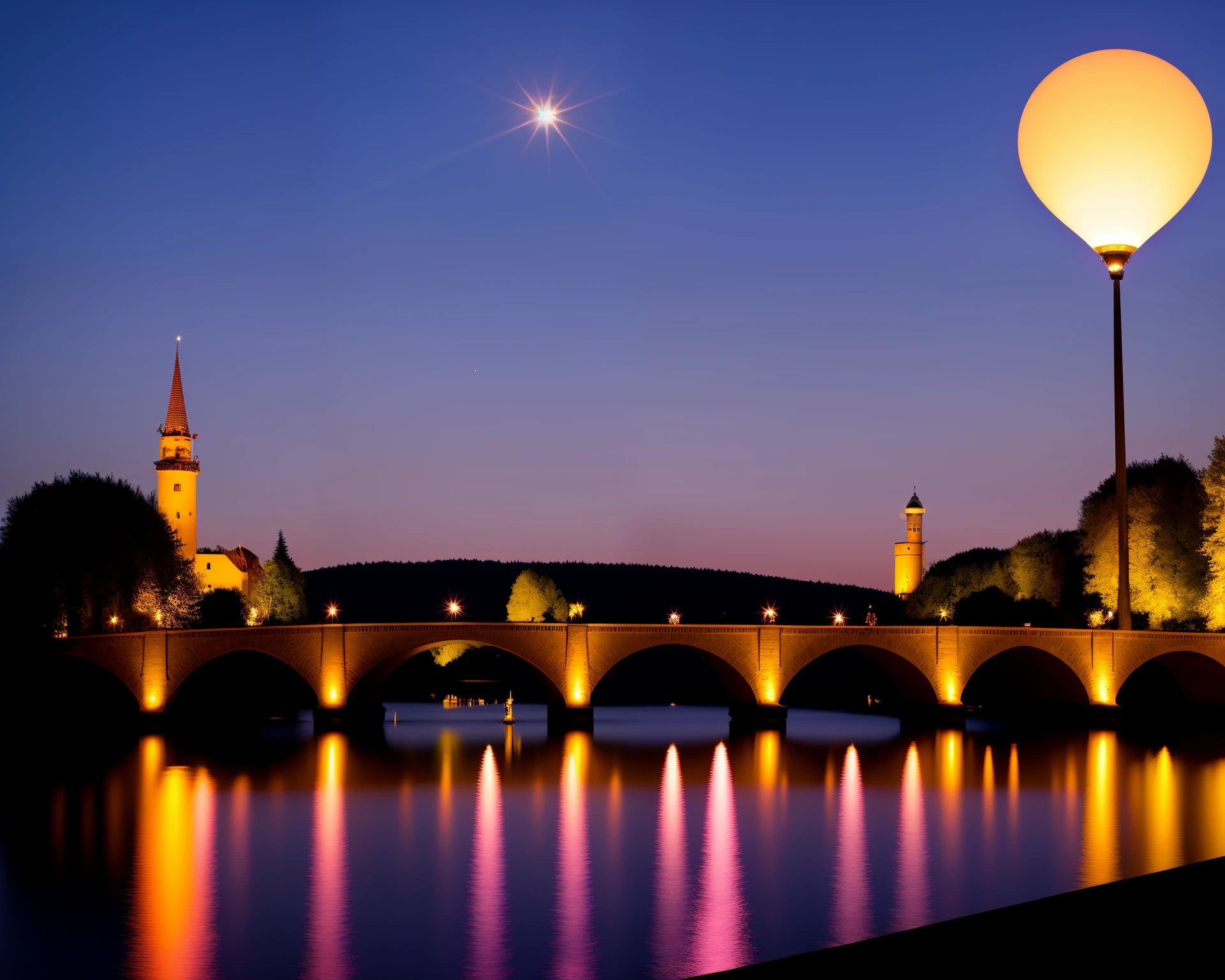 ein Paar, das nachts vor einem Schloss und einer Kuppel steht. Das Schloss ist mit rosa und lila Lichtern beleuchtet. The dome is illuminated with white lights. The couple stands on a bridge over a body of water. The couple is holding a red balloon. Der Hintergrund besteht aus einem klaren Nachthimmel.