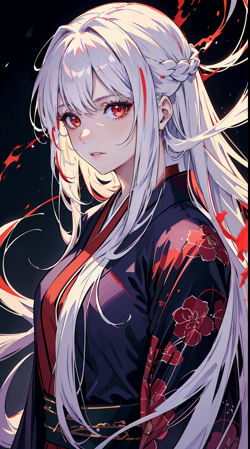 handsome girl，red-eyes，red pupils，Long white hair，Hyperresolution，accuracy，Detailed rendering，（Subtle facial image）（Image of fine hair）（topquality）（Masterpieces of masters）（High degree of completeness）（A sense of atmosphere）tmasterpiece，Super detailed and super detailed（half-body portrait）In a purple kimono