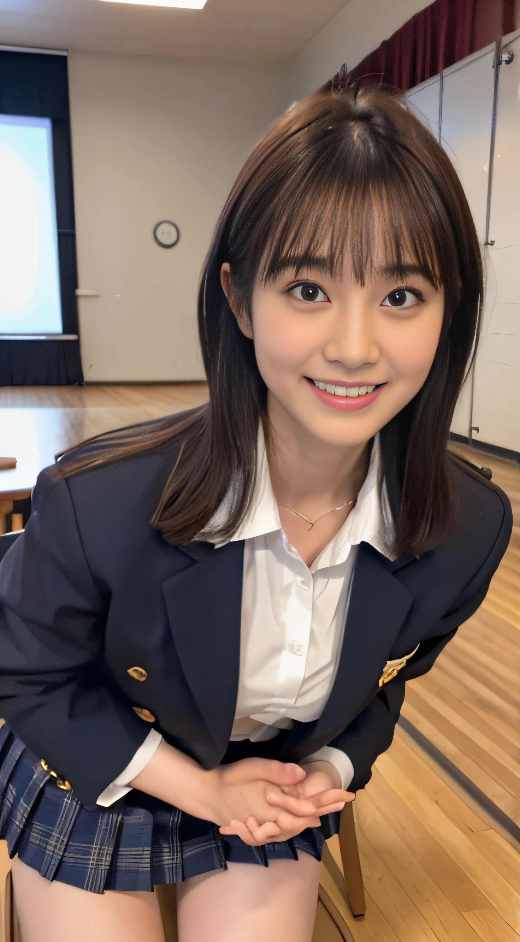 top-quality、Top image quality、​masterpiece、fully body photo、18yo woman、Dark brown shorthair、bangss、((Schoolgirl Uniform))、 ((no-bra、Puffy nipple、))、soft boob、breasts of medium size,、Kamimei、 Shy laughter、school classrooms、Show your ass、((Grasp your breasts with both hands over your clothes、open one's legs、Open both knees))