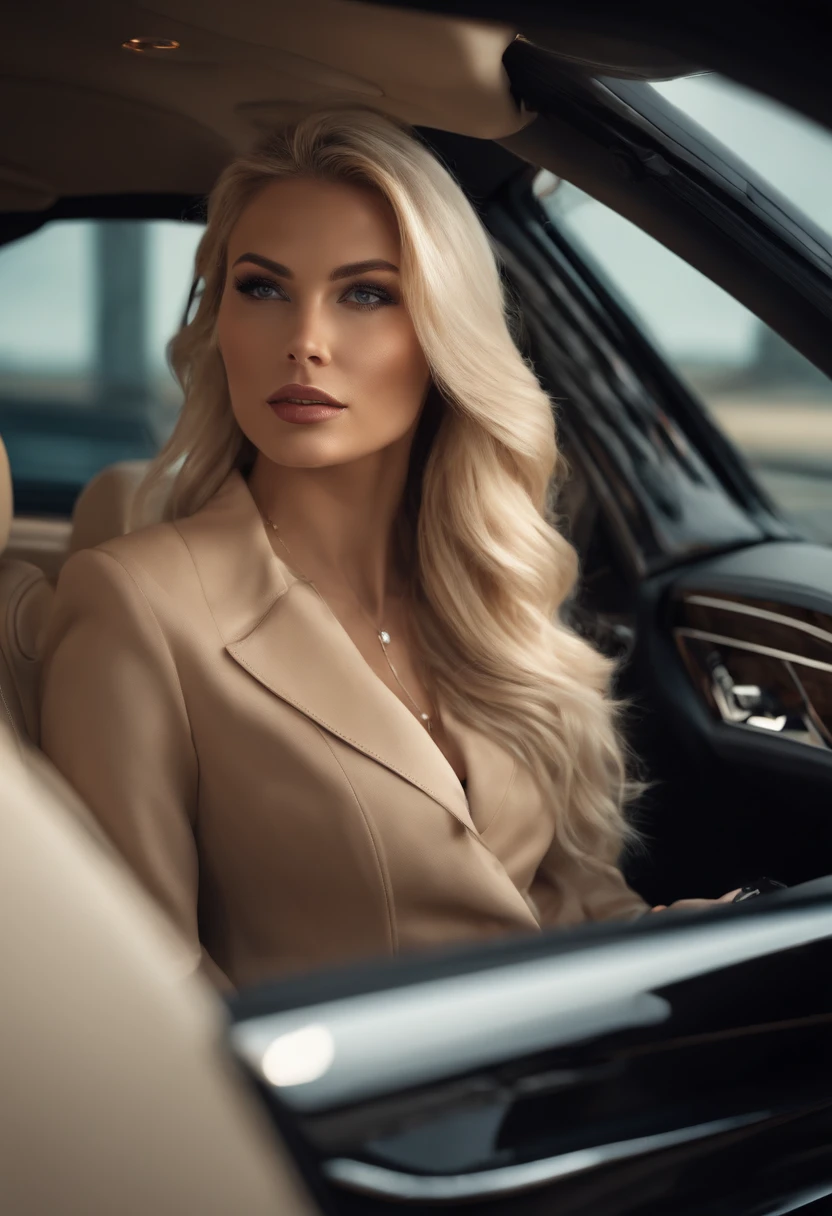 a woman blonde driving a luxury car, blonde hair, sports type. detailed, realistic