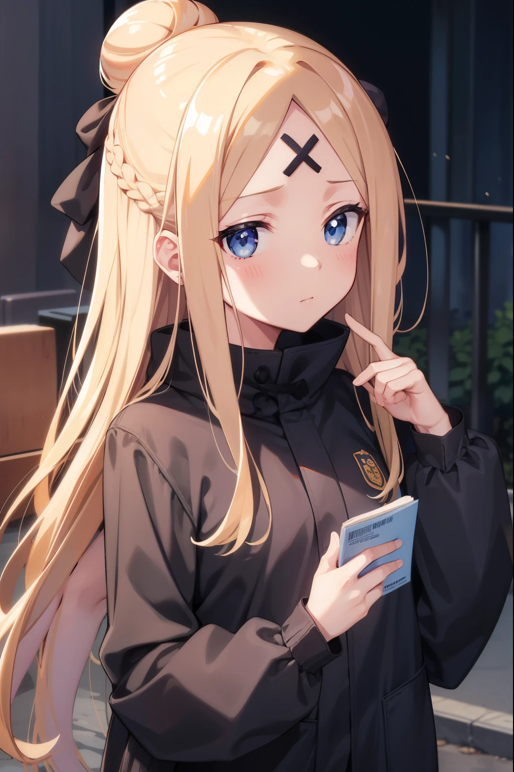 Abigail Williams, Abigail Williams, Blonde hair, eBlue eyes, forehead, long whitr hair, Parted bangs,
Break the Band-Aid, Put a band-aid on your face, Band-aid on forehead, obi strip, Black bow, Black jacket, cross bandage, hair pin, hair-bun, high-necked, jaket, longer sleeves, Multi-bow, Official spare clothing, orange band, orange bow, polka dots, polka dot bow, single hair bun, The sleeve is more than the finger, The sleeve exceeds the wrist,
BREAK looking at viewer, full bodyesbian,
BREAK outdoors, the space, As estrelas,
BREAK BREAK BREAK (tmasterpiece:1.2), Best quality at best, A high resolution, Unity8k wallpapers, (illustratio:0.8), (美丽细致的眼睛:1.6), Extremely detailed face, perfect litthing, extremely detremely detailed CG, (Perfect hands, perfect anatomia),