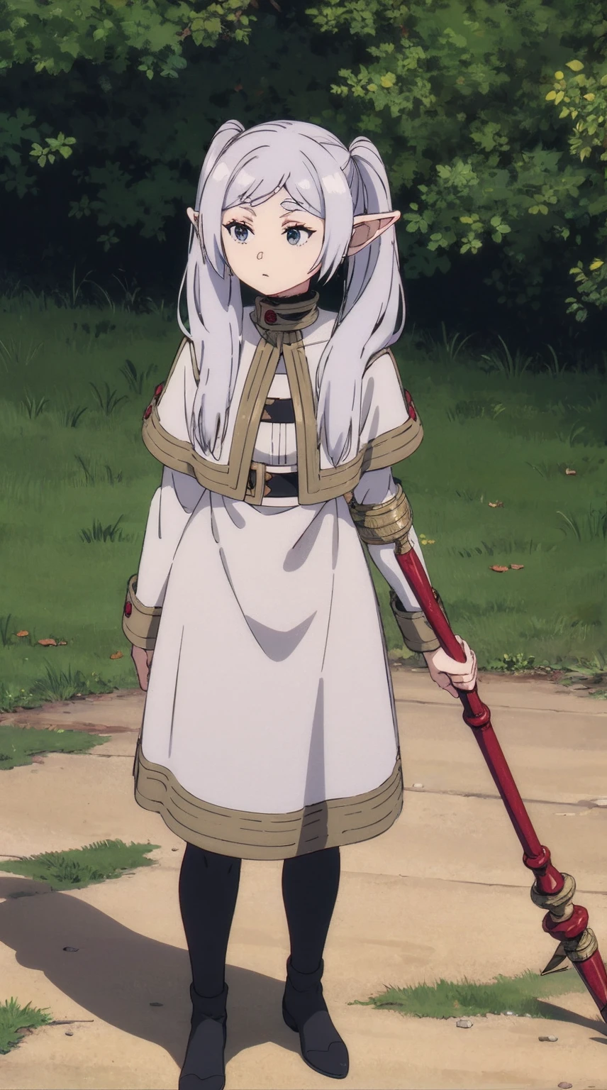 frieren, holding staff, medium breasts, tall female, sousou no frieren, elf, silver hair, standing, tunic, serious, white cloths, white scarf, full body, white tunic, twintails,full body,