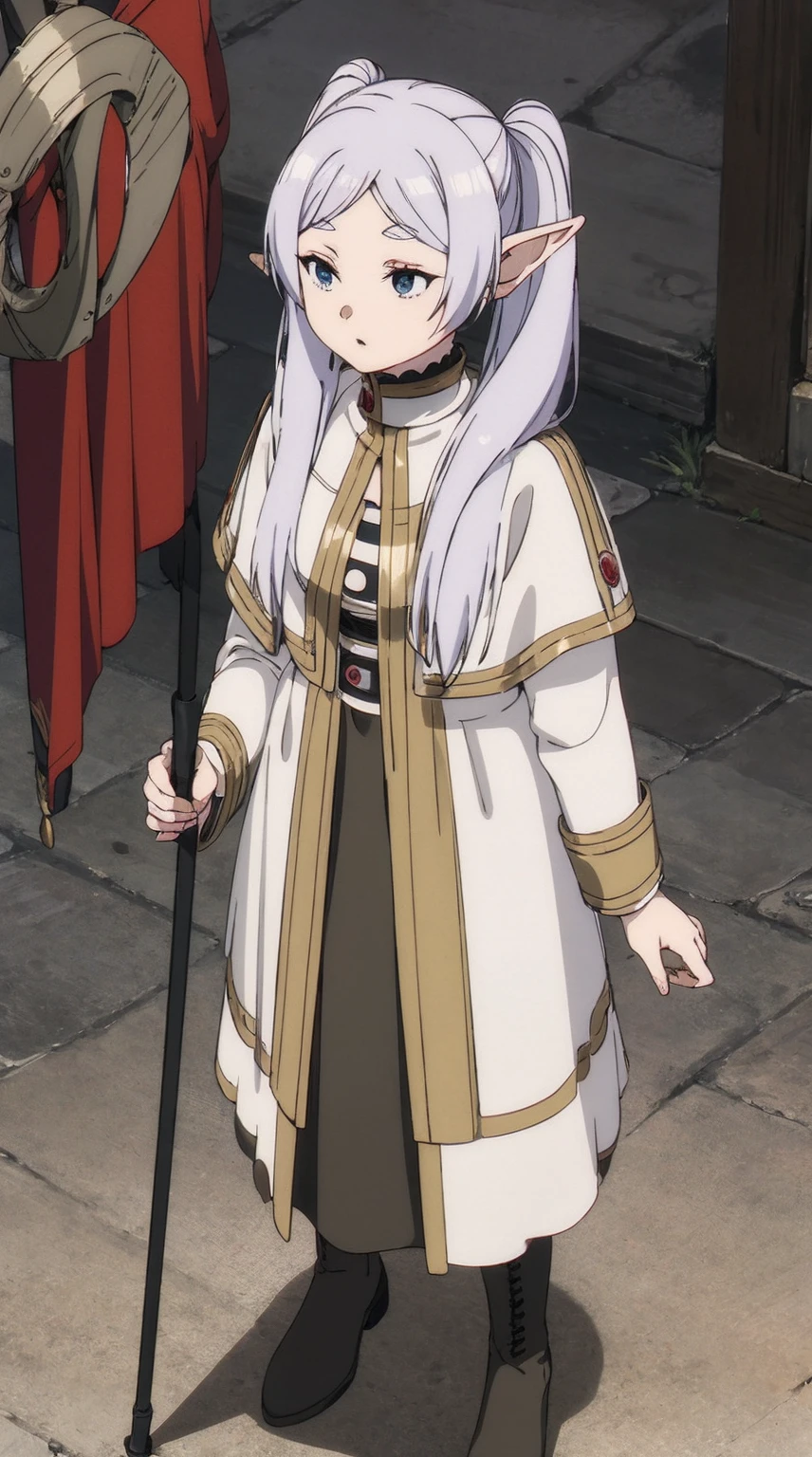 frieren, holding staff, medium breasts, tall female, sousou no frieren, elf, silver hair, standing, tunic, serious, white cloths, white scarf, full body, white tunic, twintails,full body,