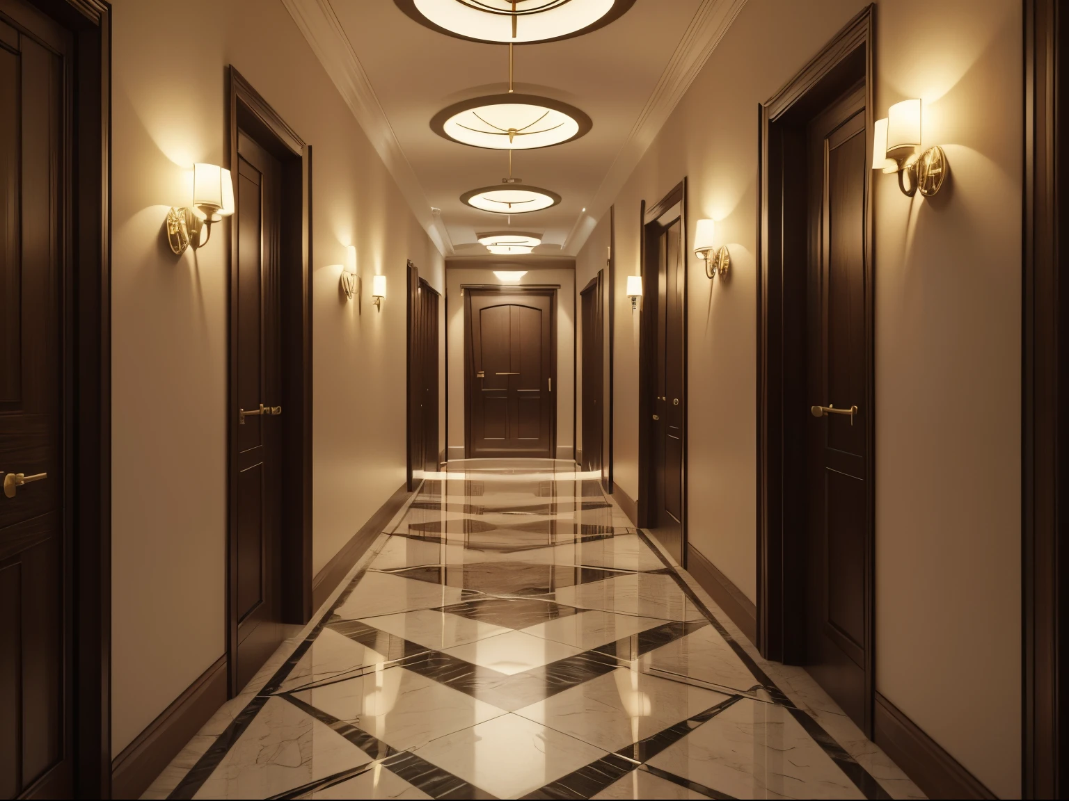 Scene of a corridor leading to rooms in a modern, luxury hotel, a noite. (Imagem ultra-realista, alta qualidade, objetos perfeitos, 8k)