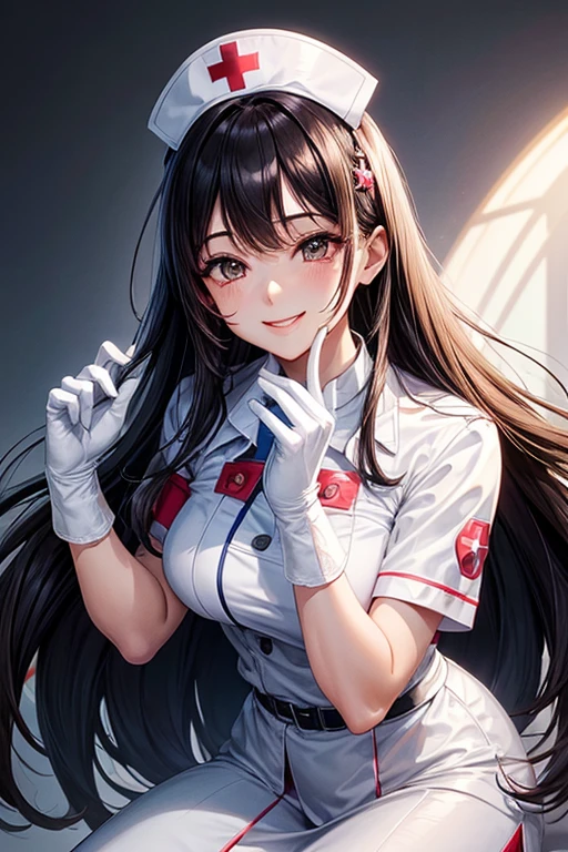 top-quality、ultra-detailliert、high-resolution illustrations、nurse、Beautuful Women、Invincible smile、de pele branca、Dark hair、white glove