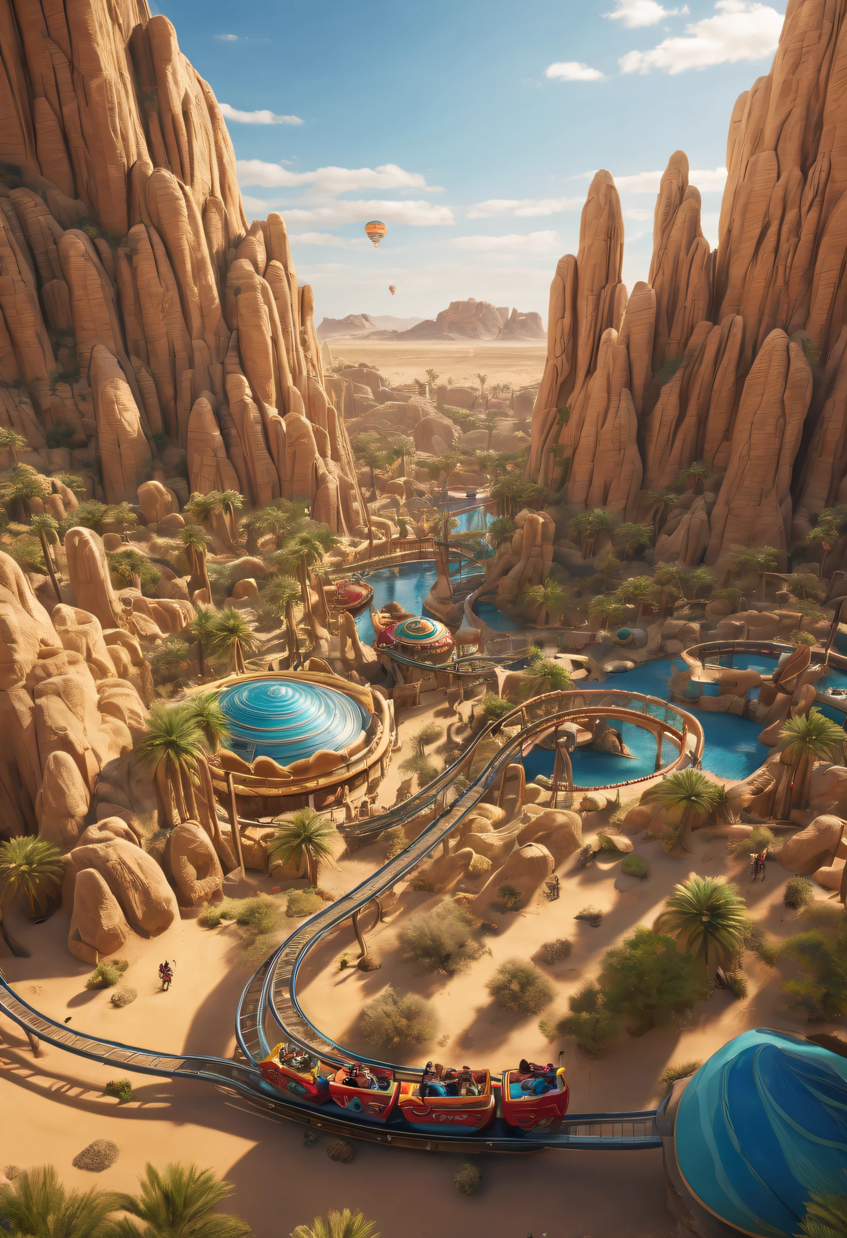 In the midst of the desert, an unexpected oasis of joy and excitement emerges as a ((theme park)) rises from the arid landscape, (thrilling rides), vibrant attractions create a stark contrast, offering a surreal and captivating experience, optical illusion, best quality, highres, 16k, UHD