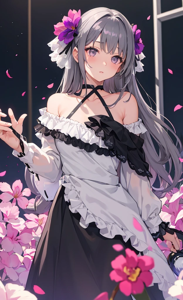 1girll,Purple off-the-shoulder dress,Lace,ribbons,,(tmasterpiece, Side seams, Delicate and beautiful gray eyes: 1.2), tmasterpiece, actual, glowing light eyes,shinny hair,black hair color hair,Long gray hair, Glow skin, Alone, embarressed,No shoulder strap,Exquisite,prettify,tropical garden,blooming flower,Fly petals,