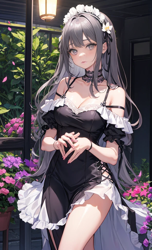 1girll，Purple off-the-shoulder dress,Lace,ribbons,,(tmasterpiece, Side seams, Delicate and beautiful gray eyes: 1.2), tmasterpiece, actual, glowing light eyes,shinny hair,black hair color hair,Long gray hair, Glow skin, Alone, embarressed,No shoulder strap,Exquisite,prettify,tropical garden,blooming flower,Fly petals,
