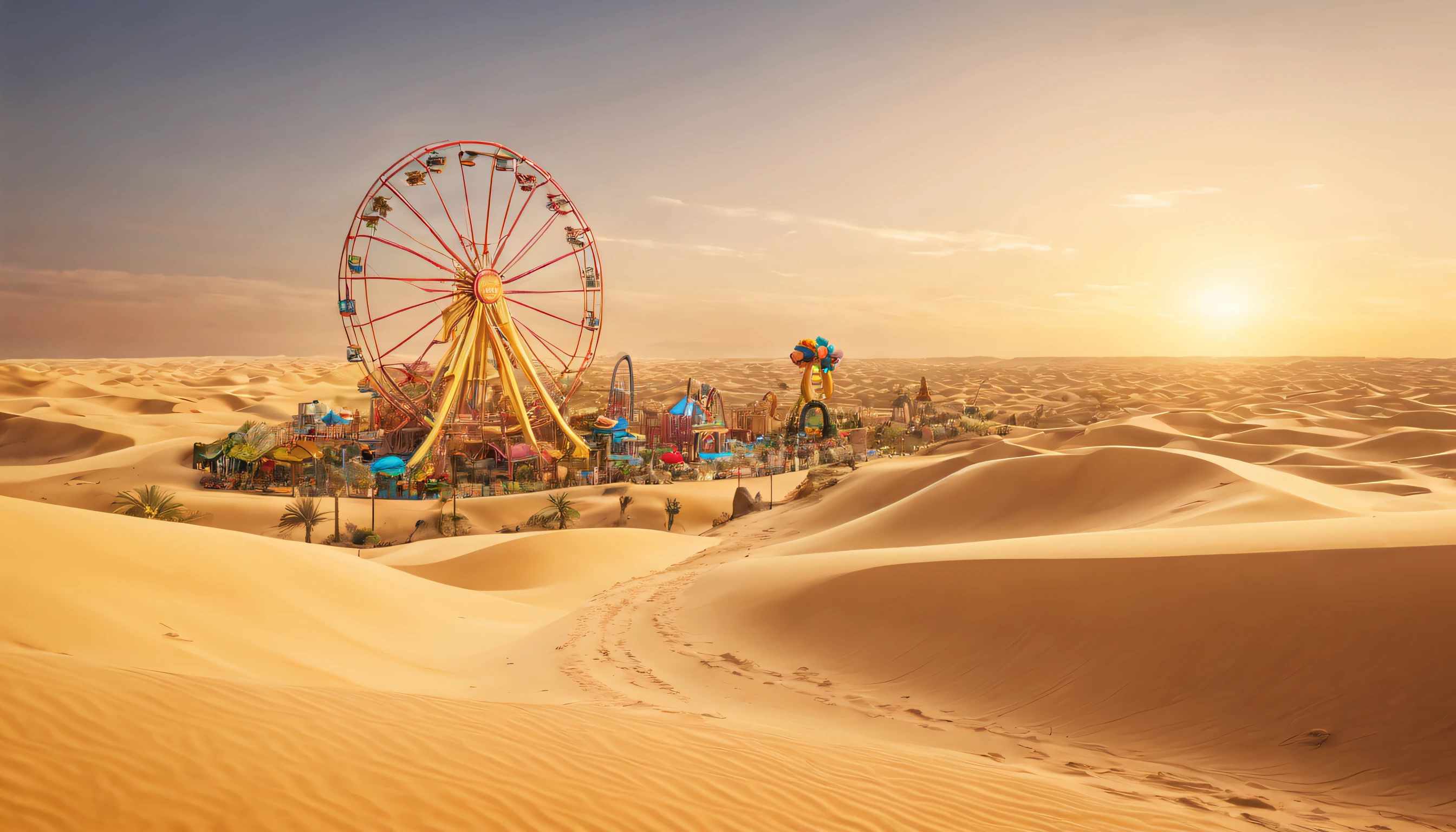 In the midst of the desert, an unexpected oasis of joy and excitement emerges as a ((theme park)) rises from the arid landscape, (thrilling rides), vibrant attractions create a stark contrast, offering a surreal and captivating experience, optical illusion, best quality, highres, 16k, UHD