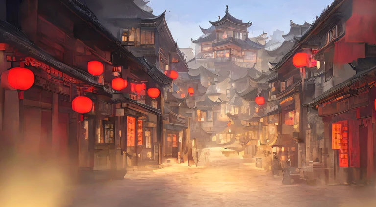 Town，an old street，Chinese architecture，Best quality，2d game environment design