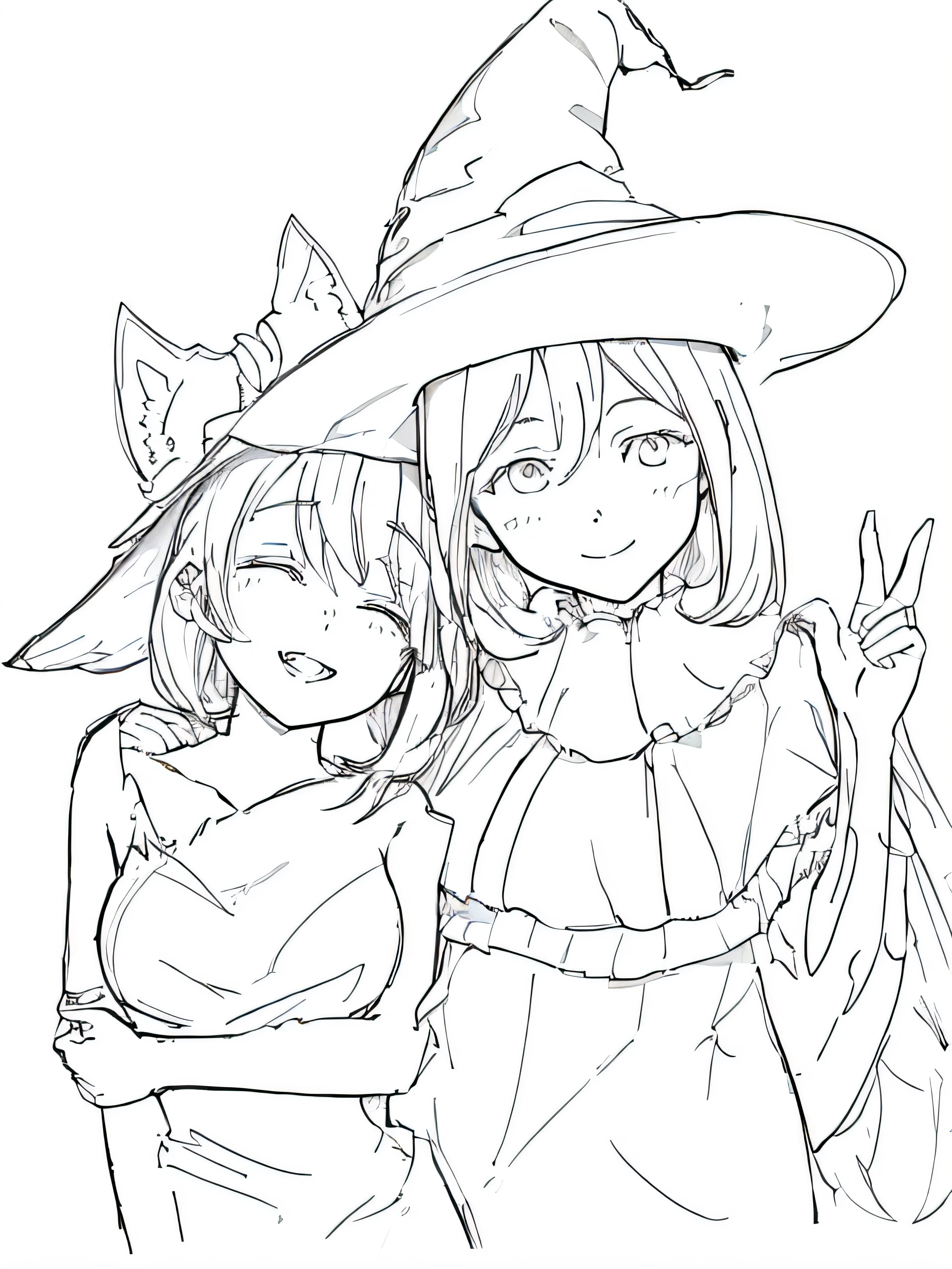 A drawing of two girls wearing witch costumes and taking a photo, clean anime outlines, thick outlines, thick linework, line-drawing!!, Two girls, Thick line art, two beautiful anime girls, perfect lineart, simple line art, clean line drawings, anime sketch, anime style drawing, Poses variadas, In anime style, line-drawing!!, sketchy artstyle, Two people cuddling, A smile, cling to each other, facing front