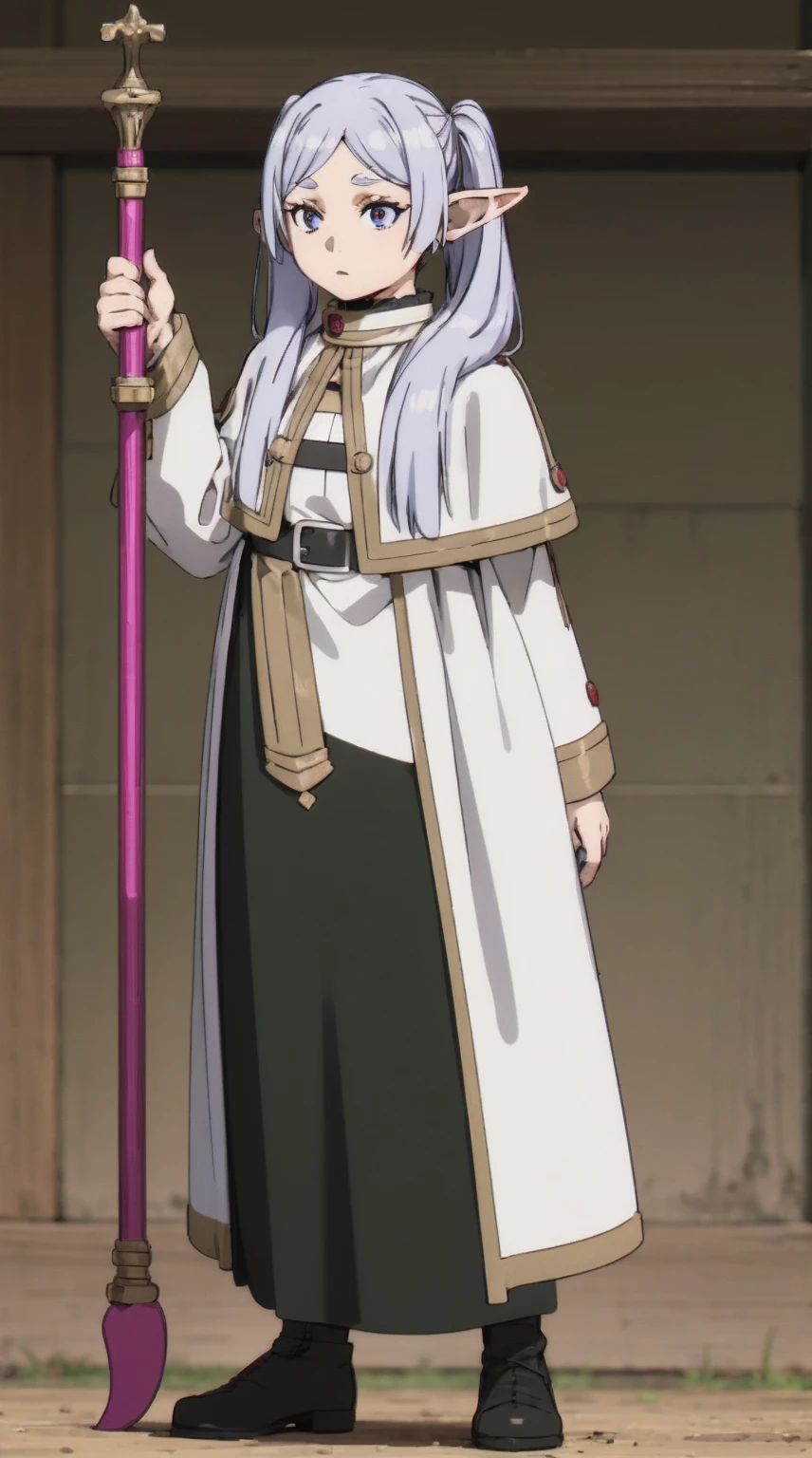 frieren, holding staff, medium breasts, tall female, sousou no frieren, elf, silver hair, standing, tunic, serious, white cloths, white scarf, full body, white tunic, twintails,