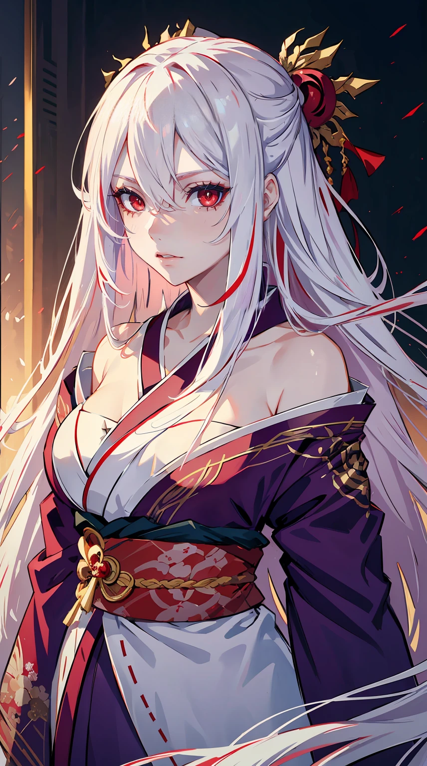 Pretty girl,red eyes,Red pupils,Long white hair,Hyper-Resolution,Accuracy,detailed render,(Subtle facial image)(fine hair images)(top-quality)(masterpiece of a master)(High integrity)(a sense of atmosphere)tmasterpiece,super detailed super detailed(bust)Wearing a purple kimono