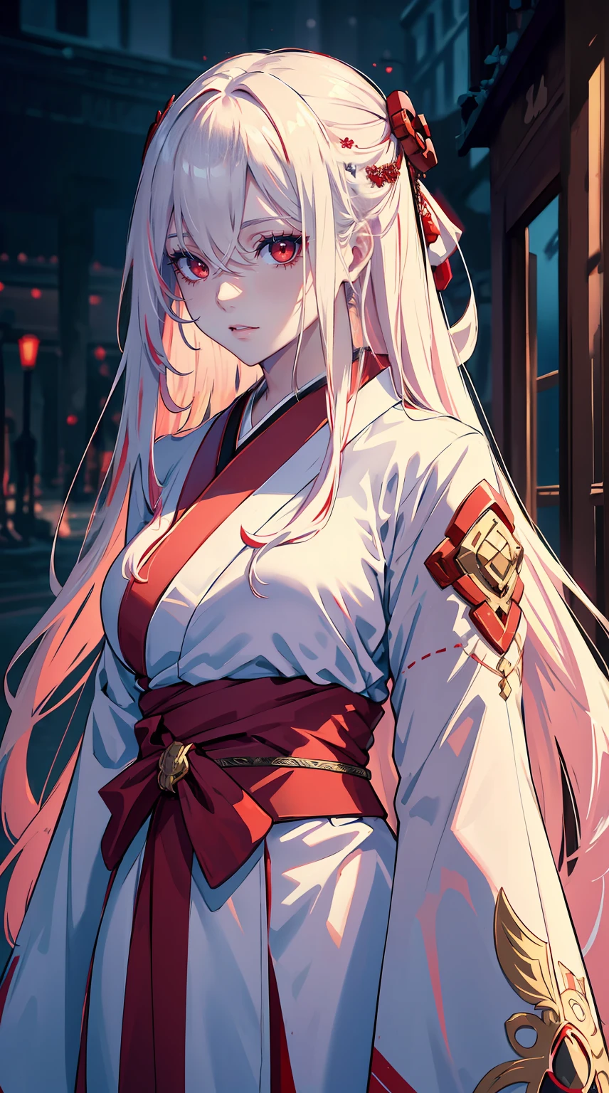Pretty girl，red eyes，Red pupils，Long white hair，Hyper-Resolution，Accuracy，detailed render，（Subtle facial image）（fine hair images）（top-quality）（masterpiece of a master）（High integrity）（a sense of atmosphere）tmasterpiece，super detailed super detailed（bust）Wearing a purple kimono