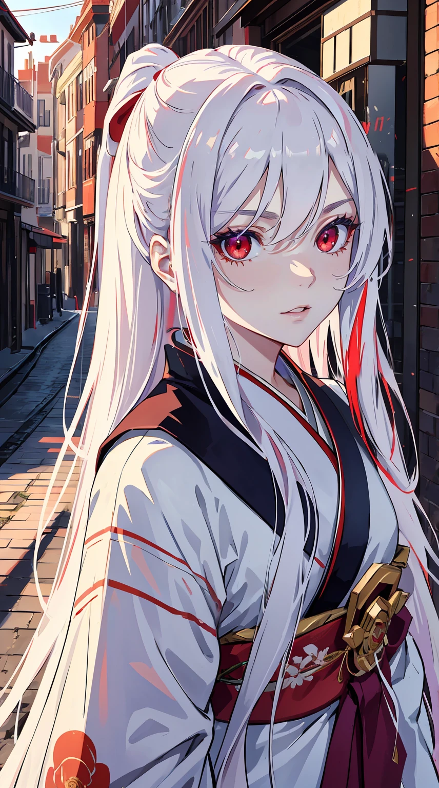 Pretty girl,red eyes,Red pupils,Long white hair,Hyper-Resolution,Accuracy,detailed render,(Subtle facial image)(fine hair images)(top-quality)(masterpiece of a master)(High integrity)(a sense of atmosphere)tmasterpiece,super detailed super detailed(bust)Wearing a purple kimono