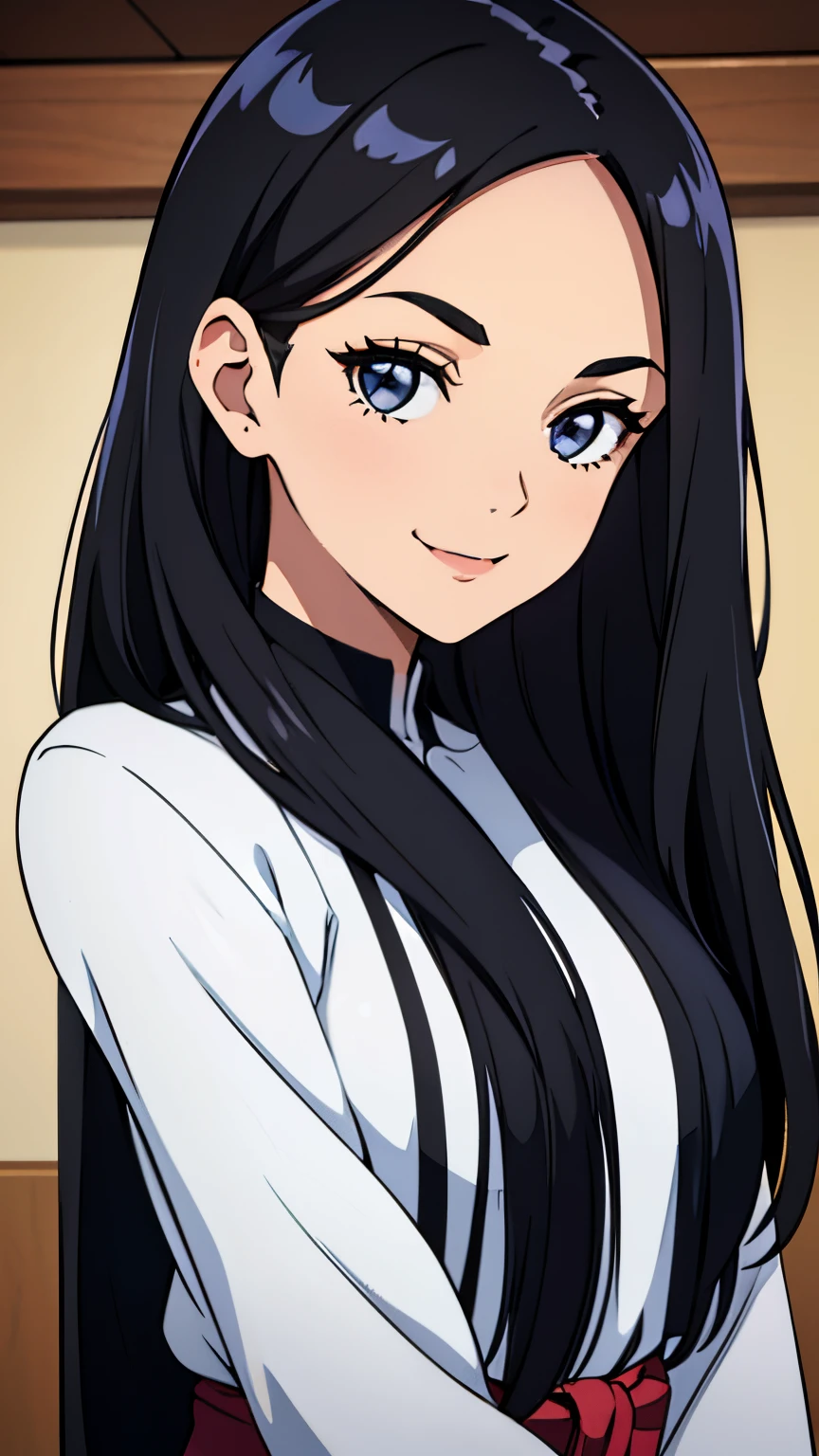 One girl with black hair, hair lenght until bust, straight hair, hair parted in center of head, round face. hairstyle with a center part, that the hair should be parted down the middle, creating a symmetrical look without any frontal hair covering the forehead. Looking straight, looking at viewer. Smiling. Solo, one girl.