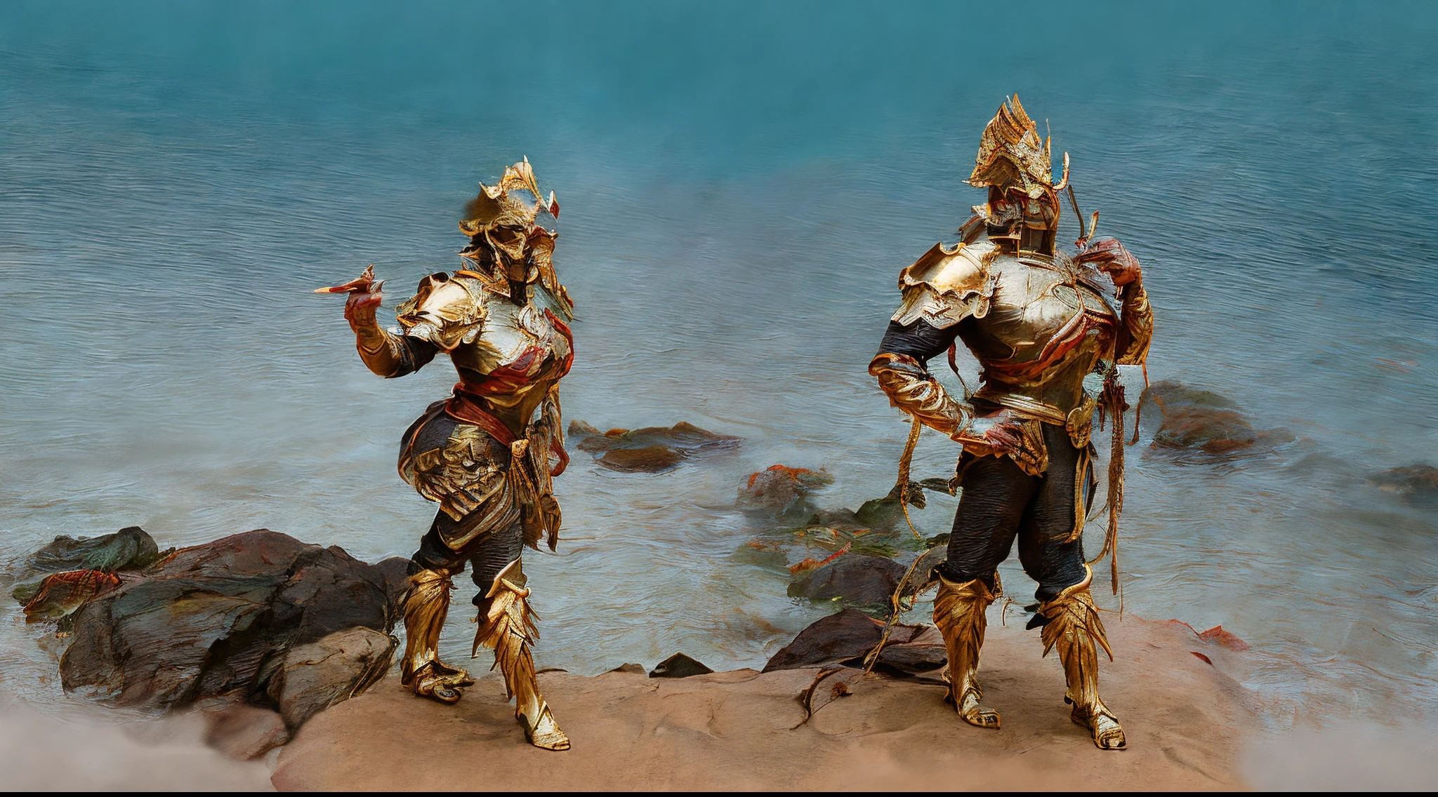 femele,Beautiful woman wearing dragon element armor,male people,shrimp shaped soldier,femele,crab shaped general,palace in the sea