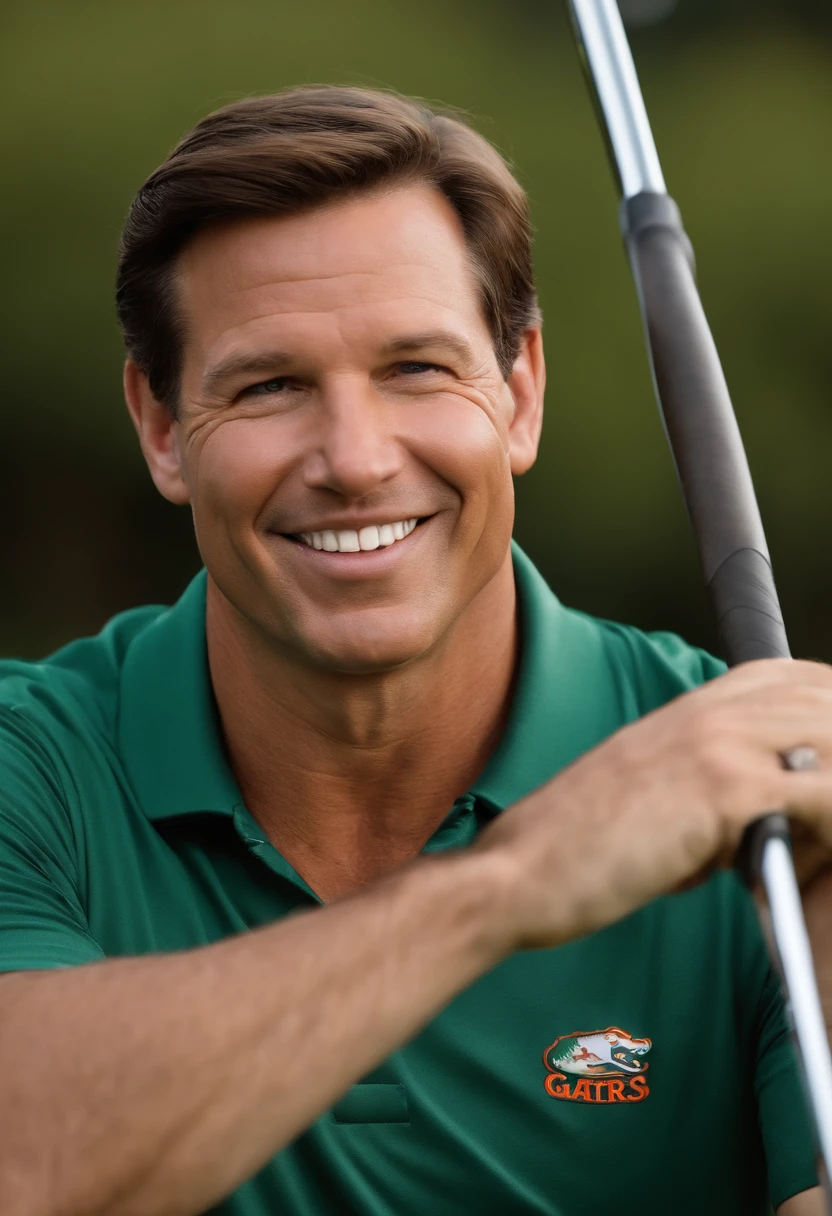 A photo of Ron Desantis wearing a Florida Gators polo shirt and khakis, standing on a golf course with a confident pose, holding a golf club and looking off into the distance.,original,He wears subtle lifts hidden in his boots. His attire is meticulously conservative, with a suit that’s just a tad too snug. His hair is neatly combed, each strand seemingly in a fixed position, complementing his ever-present, self-assured grin that suggests he’s in on a joke no one else understands., male