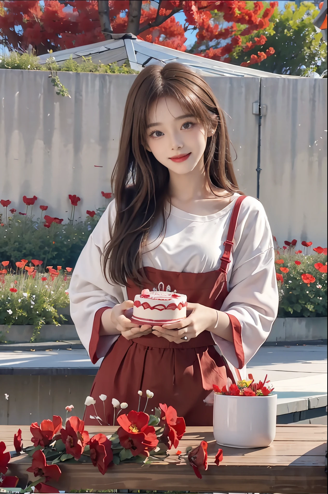 Standing in a vast meadow of red flowers、stands in a flowering field、Create an image of a happy 28 year old brunette woman with messy hair。. She smiled、presents a birthday cake to the viewer on the table。, With bright red color. I'll work on it for you!