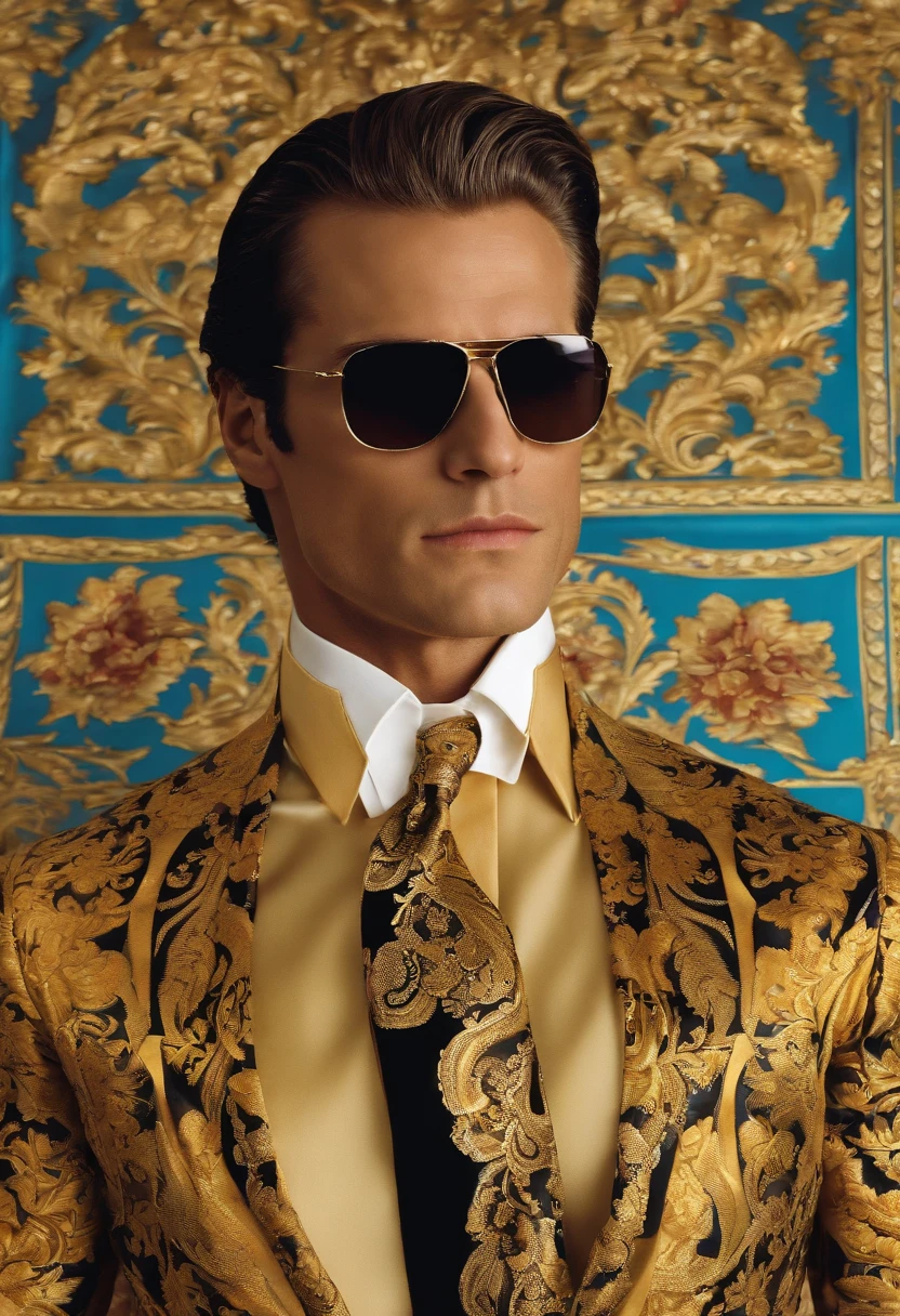 A close-up photo of a vintage Versace silk shirt with intricate baroque print,American Psycho (2000 film),Patrick Bateman, the protagonist of “American Psycho,” is depicted as a quintessential 1980s Wall Street yuppie with a polished appearance: slicked-back hair, a chiseled, handsome face, and an impeccable wardrobe that underscores his obsession with status and material success. His physique is well-maintained with rigorous exercise, reflecting his vanity and concern with external perceptions. , male