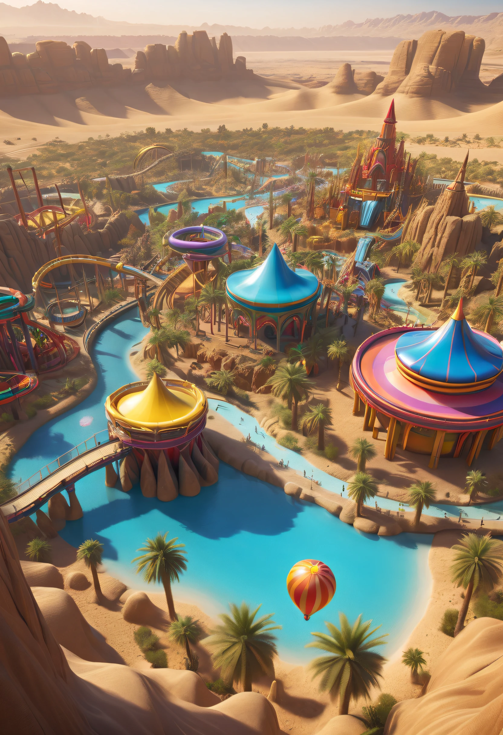 In the midst of the desert, an unexpected oasis of joy and excitement emerges as a ((theme park)) rises from the arid landscape, (thrilling rides), vibrant attractions create a stark contrast, offering a surreal and captivating experience, optical illusion, best quality, highres, 16k, UHD