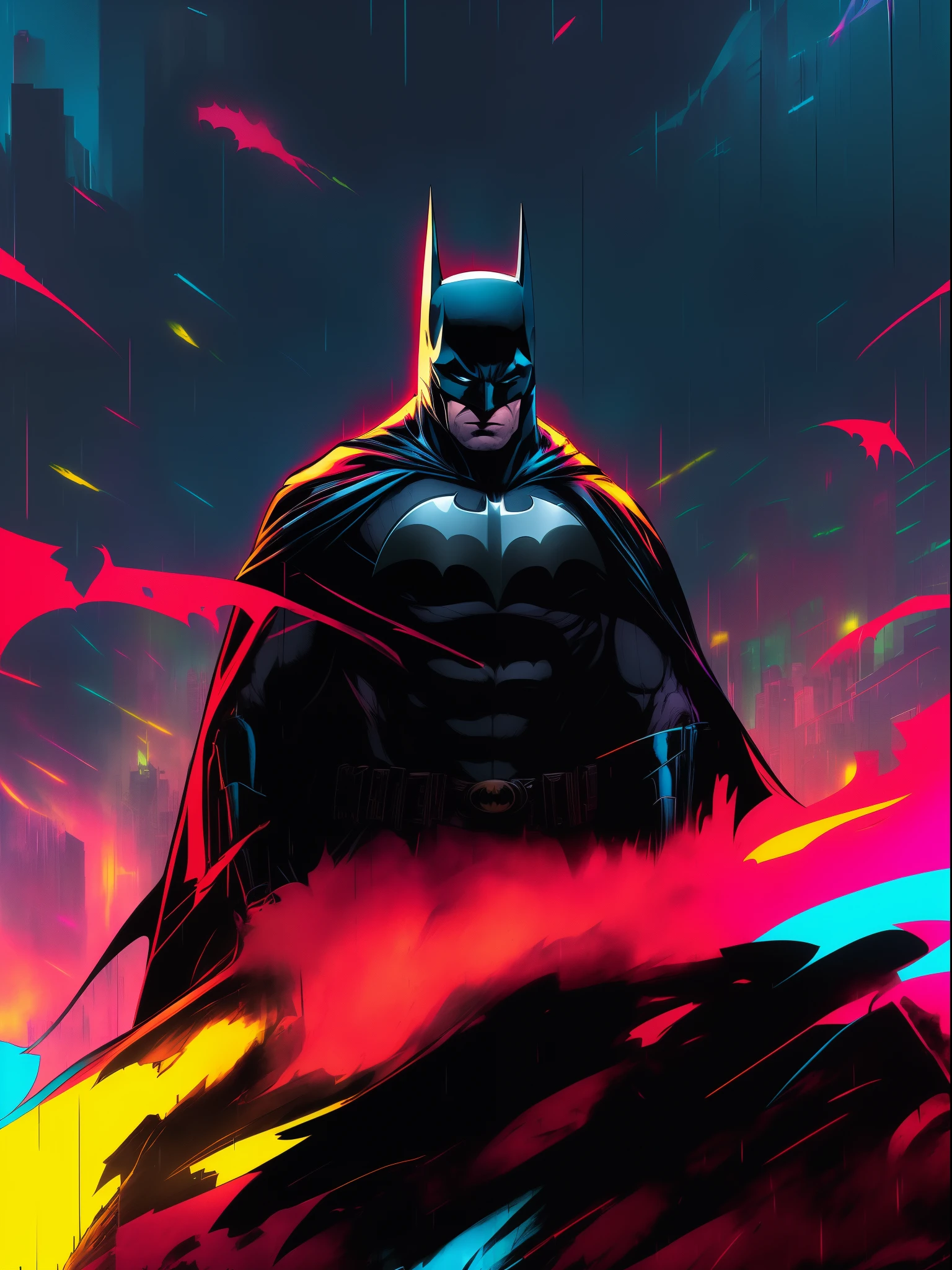 Batman standing in the rain,Colorful paint splashes, cyberpunk batman, dolman, dc comics art style, batman portrait, Dan Mumford art style, Dan Mumford's art style, Batman portrait, in batman comics, in batman comic book, batman mecha, The Dark Knight, angry batman, anime girl batman