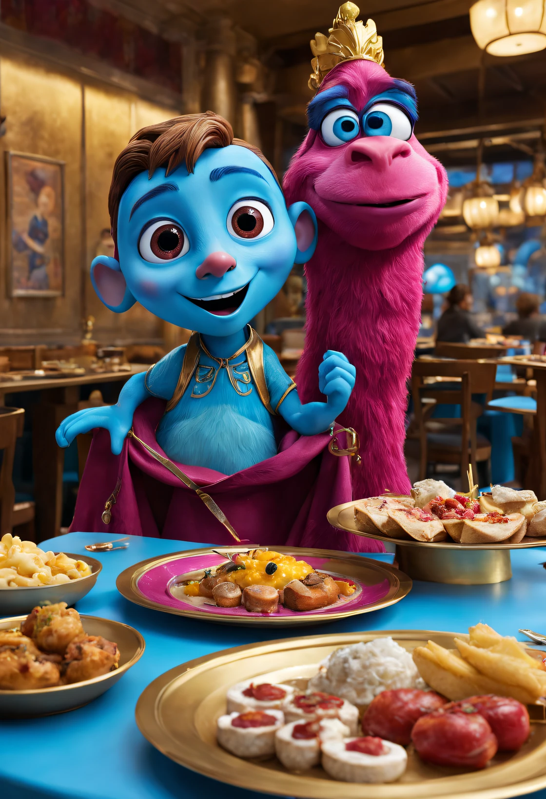 (Restaurants at Cloisonné Theme Park),visitor,Tapas,dreamland dreamland,ultra-realistic realism,Asymmetrical balance ,( magenta )Carmine+( blue white colors )Blue-cyan+( tin foil gold )golden colored,pixar character