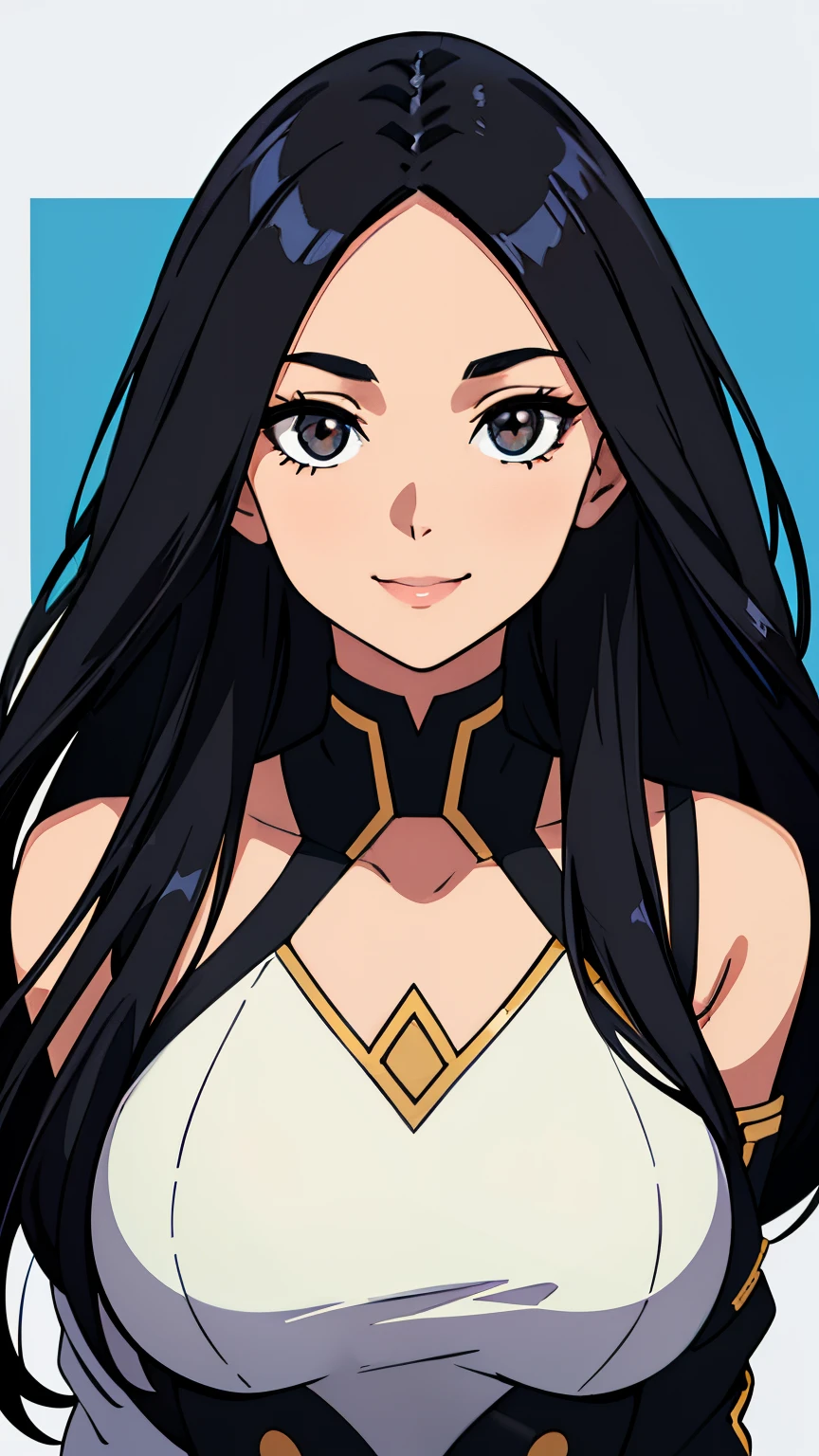 One girl with black hair, hair lenght until bust, straight hair, hair parted in center of head, round face. hairstyle with a center part, that the hair should be parted down the middle, creating a symmetrical look without any frontal hair covering the forehead.  Looking straight, looking at viewer. Smiling. Solo, one girl. Looking straight, straight.