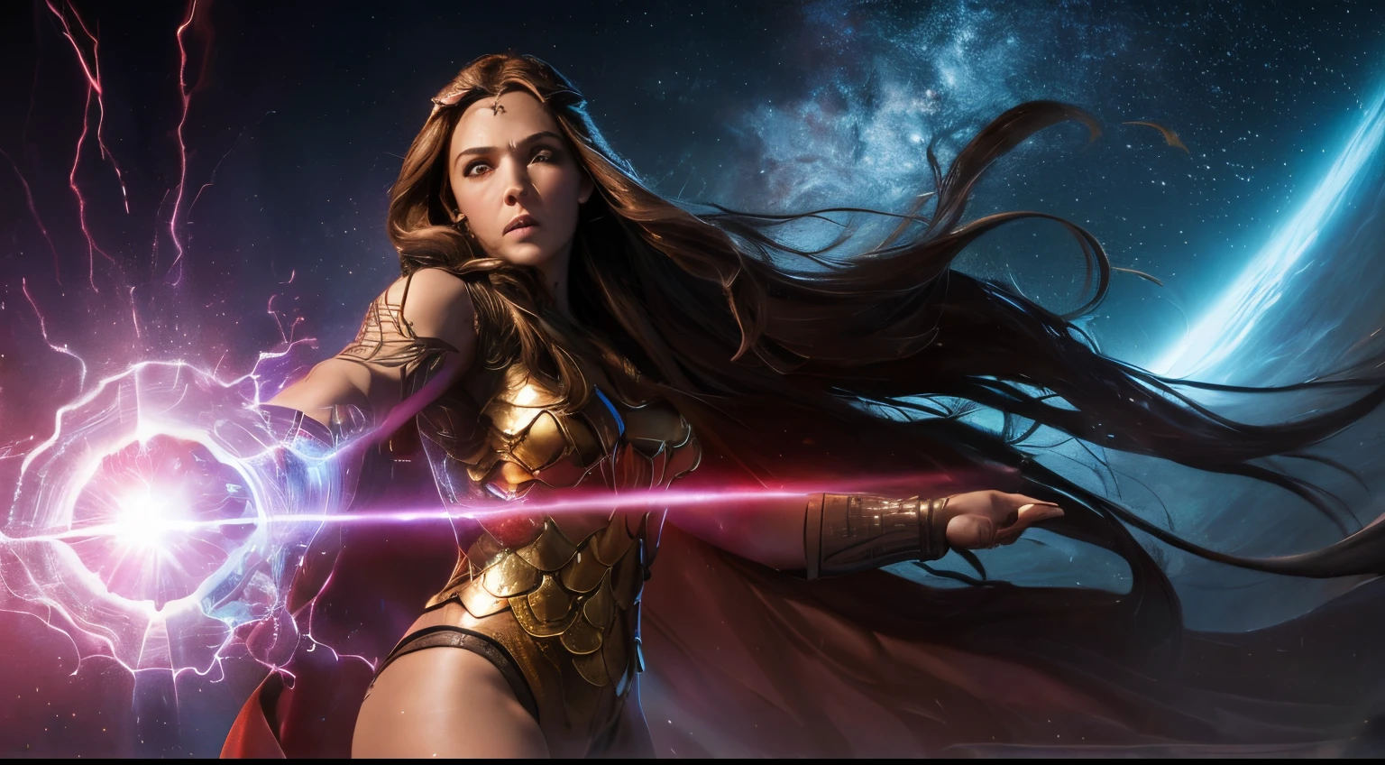A fusion of the Scarlet Witch and Thor, luz da lua distante, Noite, Florescer), (cinemactic, melhor qualidade, master part, texturas ultra HD, altamente detalhado, hyper realistic, detalhes intrincados, 8k, Fotorrealista, arte conceitual, pintura Fosca, Autodesk Maya |, vray render, ray tracing, HDR), (DSLR, quadro completo, 16mm focal length, F/Abertura 8, dynamic perspective, Dynamic angle, proportion Aurea, FotograFia ampla, wide field of view, proFundidade de campo, Reduzir)