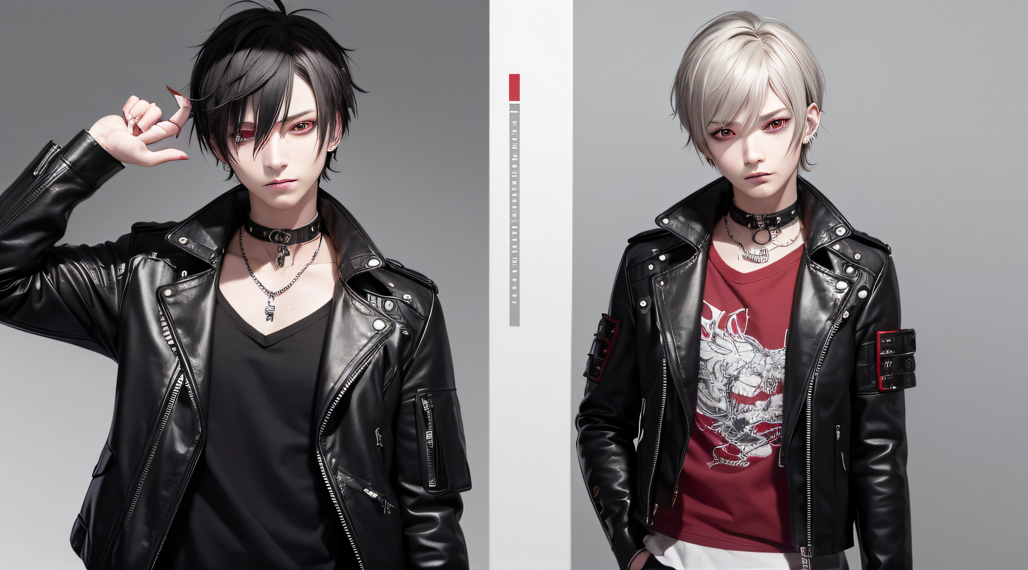 8k, high resolution, masterpiece, illustration, extreme details, mature, adult, male, visual kei, gray short hair, red eyes, smirk, punk attire, red shirt, leather jacket, blank pants, eyeliner, mascara, choker, rings, emo, piercings, concert, band performance