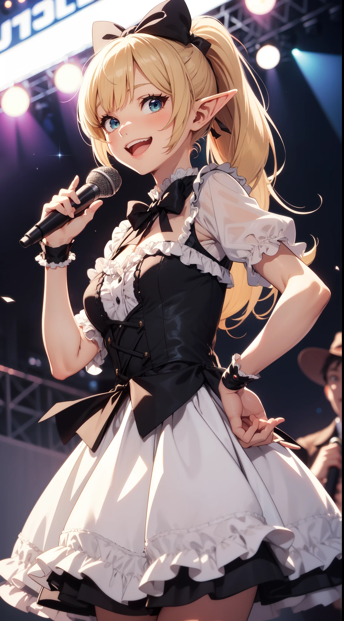 1 elf girl, iolite eyes, hair accessories, (smile:1.1), ponytail, open mouth, corsage, (ta Fashion:1.1), waving, jumping, holding microphone, stage, depth of field, blurry background, sharp focus, looking at viewer, cowboy shot, art style by Artgerm, By Yusuke Murata, By Alphonse mucha