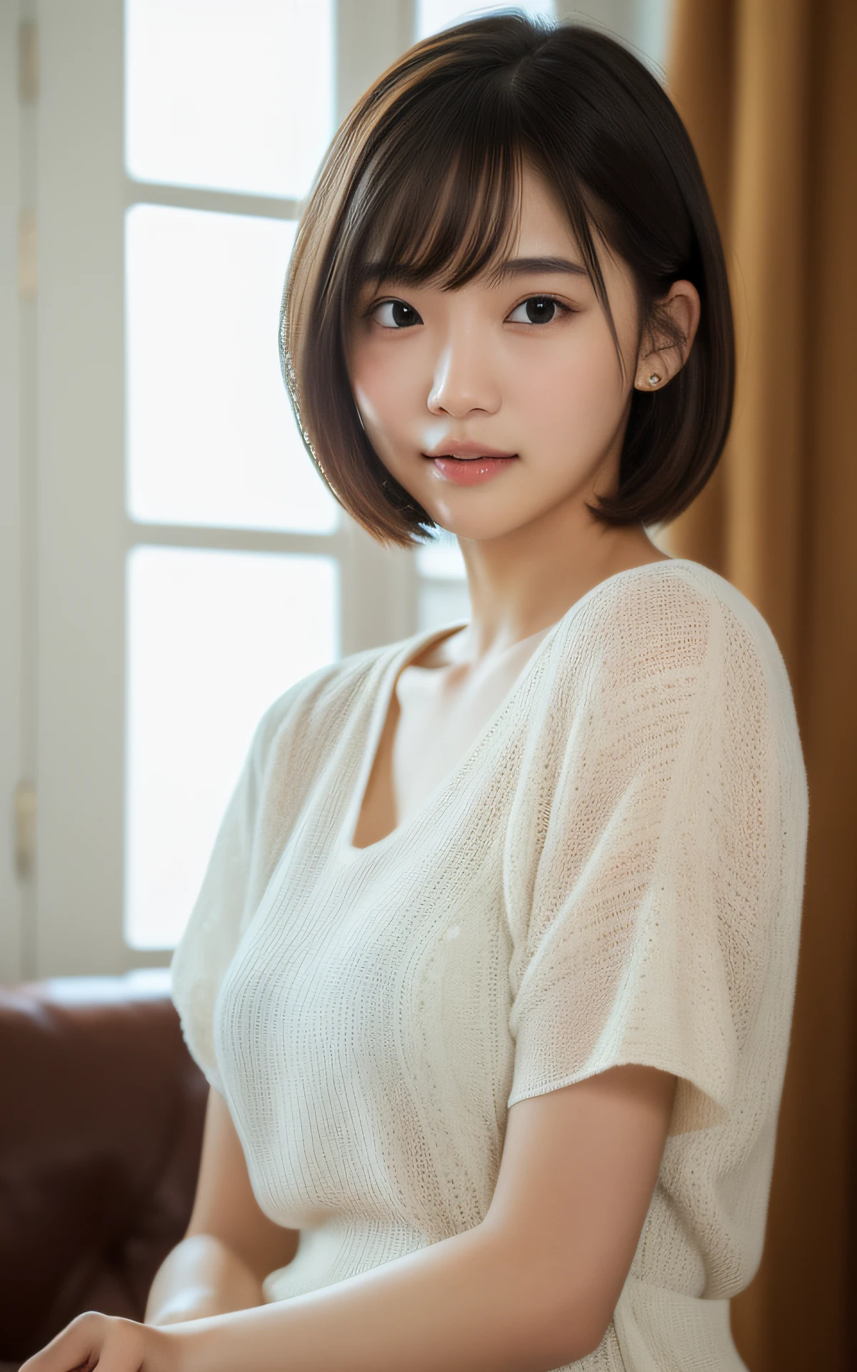 (Photo Real:1.4), (hyper realisitic:1.4), (Smooth lighting:1.05), 1 girl, (sad:1.4), Mouth slightly open, Neat and clean beauty, 22 years old, Soft lighting, Back lighting, (cheerfulness:1.2), (Finest Real Textured Skins), Narrow-eyed, Super fine face, glowy skin, retinas, Anatomically correct, acurate, Super Detail, Textured skin, High quality, high details, Best Quality, High resolution, livingroom, Short hair, Bangs, Blouse