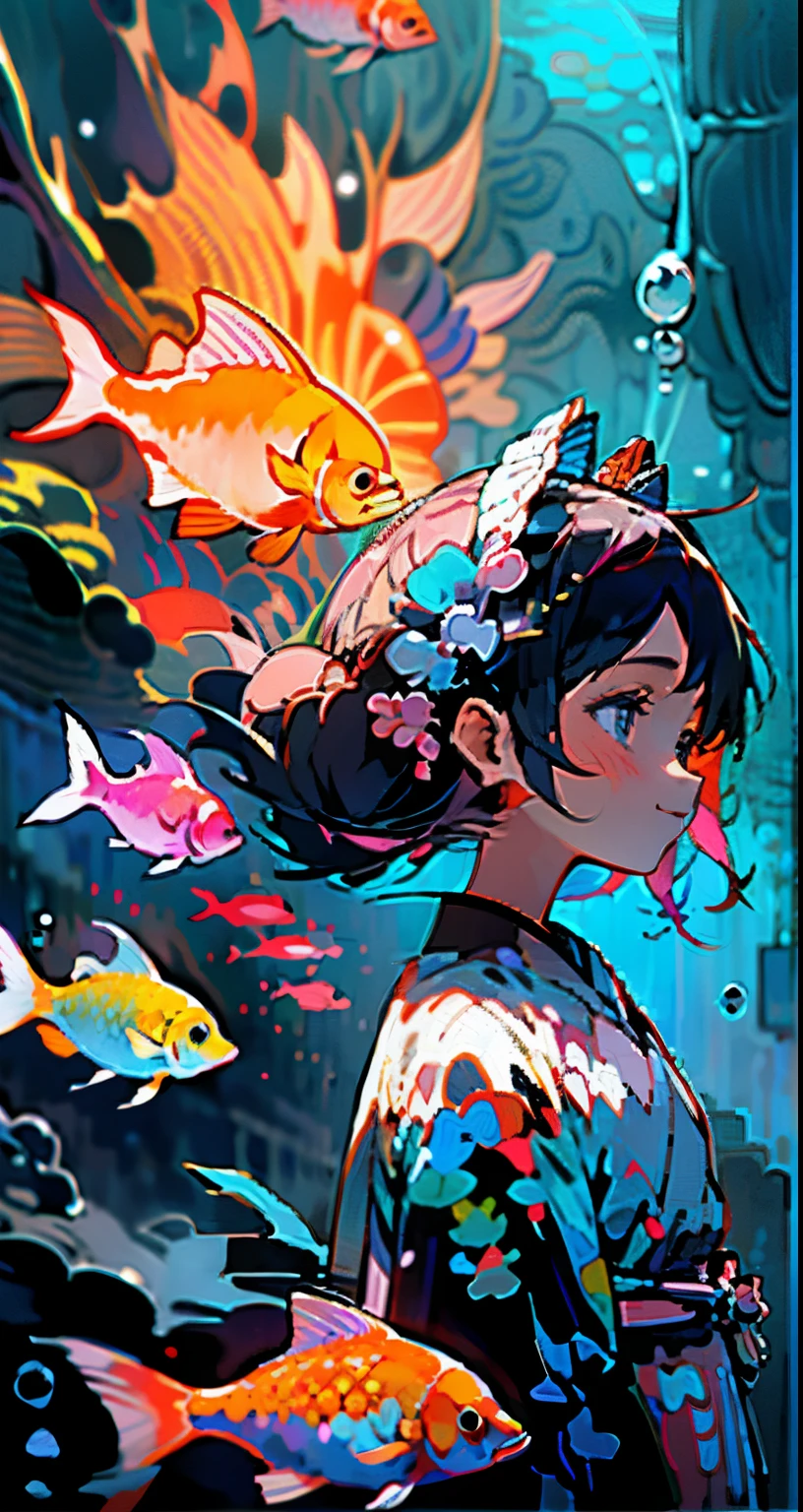 Girl facing the front、 AngelT, goldfish, 独奏, blue eyess, Komono, Kimono, profile 、Smiling、bubbling, Purple kimono, hair adornments, bangss, under the water、The background is Ryugu Castle