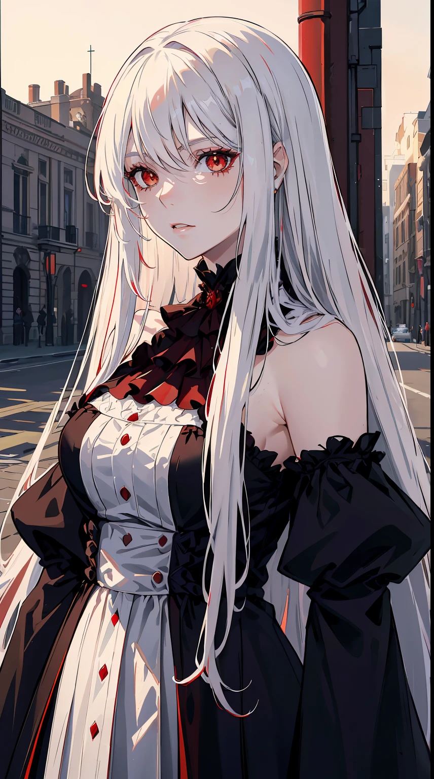 handsome girl,red-eyes,red pupils,Long white hair,Hyperresolution,accuracy,Detailed rendering,(Subtle facial image)(Image of fine hair)(topquality)(Masterpieces of masters)(High degree of completeness)(A sense of atmosphere)tmasterpiece,Super detailed and super detailed(half-body portrait)wearing a black velvet dress