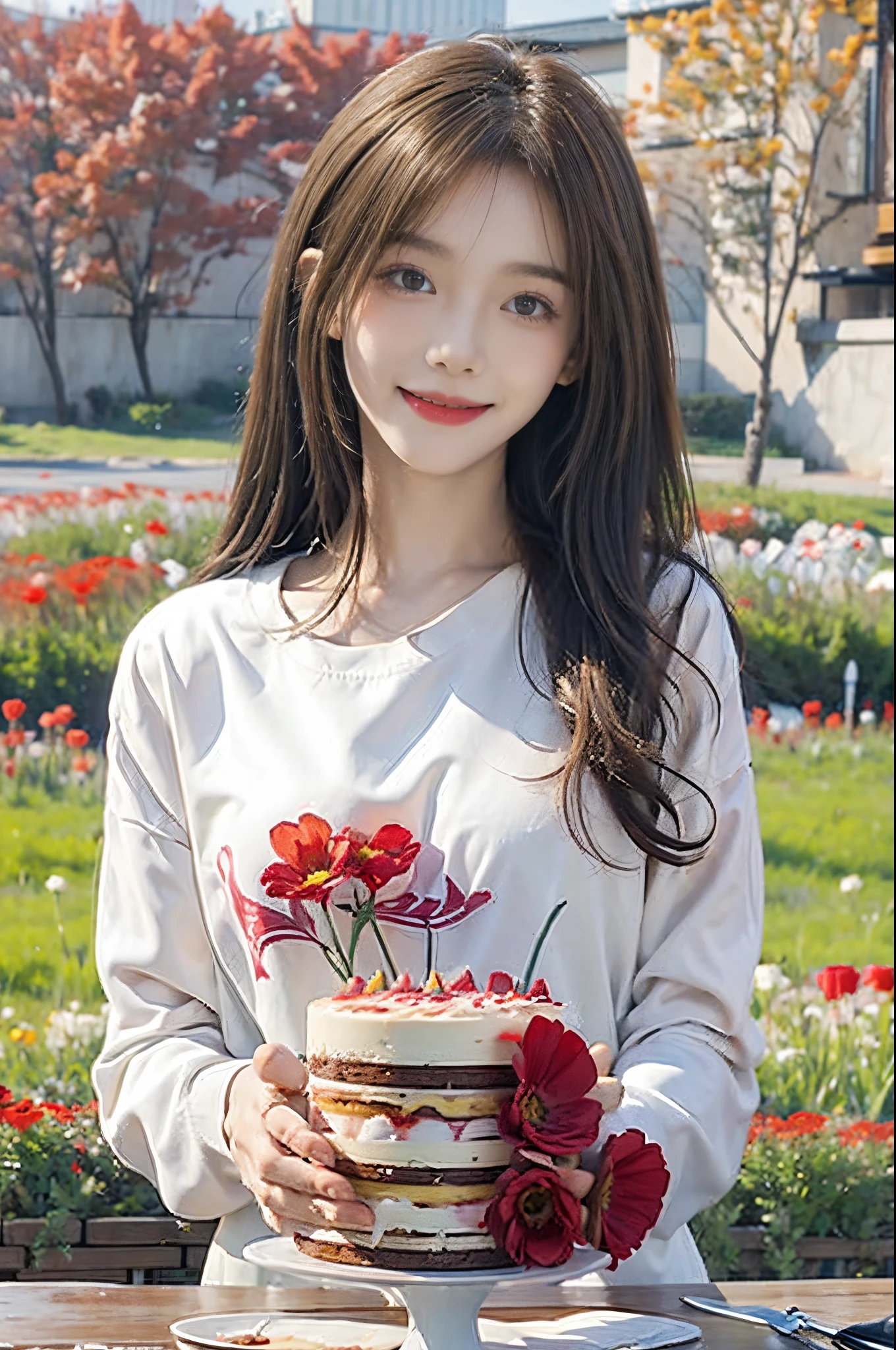 Standing in a vast meadow filled with red flowers、stands in a flowering field、Create an image of a happy 28 year old brunette woman with messy hair。. She smiled、presents a birthday cake to the viewer on the table。, With a bright orange color scheme. I'll work on it for you!