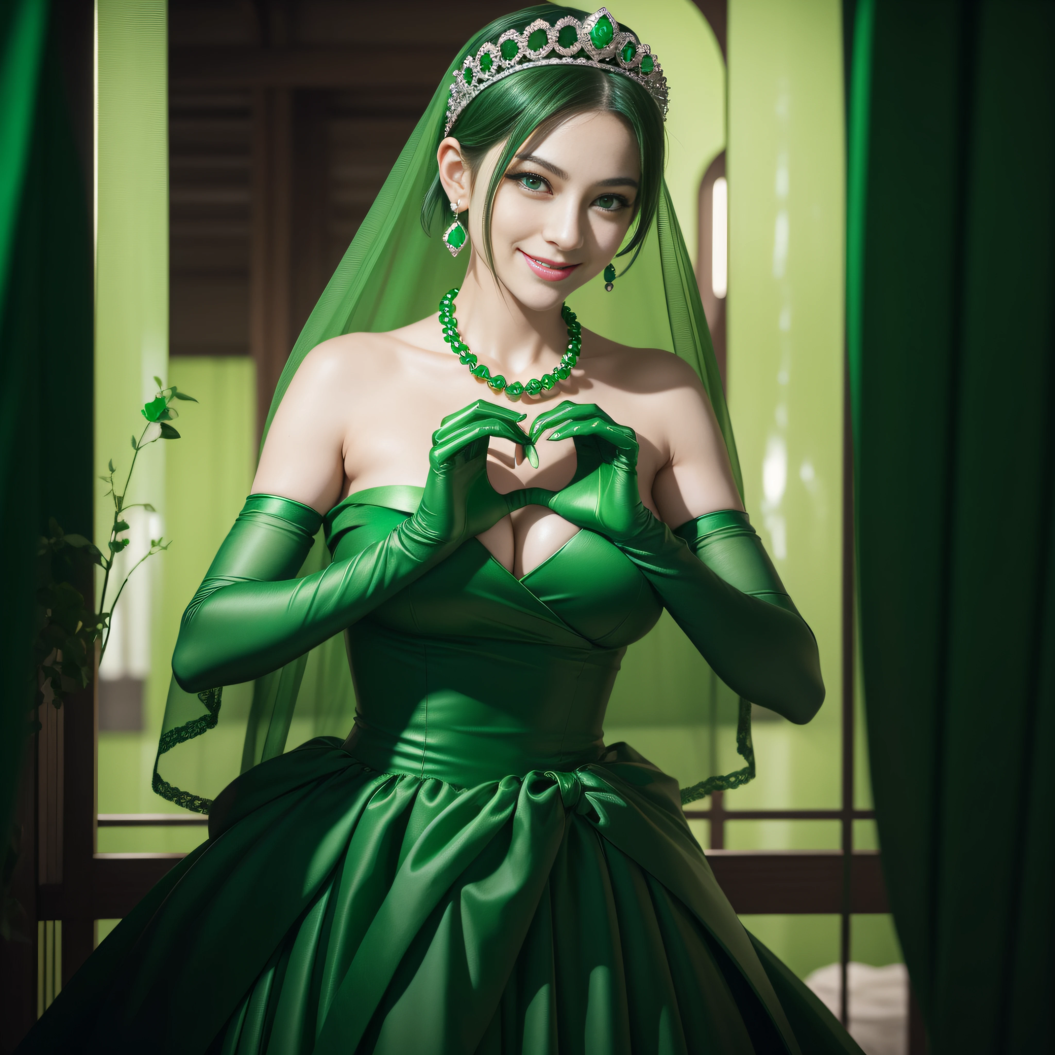 emerald tiara, Green Pearl Necklace, Boyish very short green hair, lipsticks, Japan woman smiling, very short short hair,  big breasts beautiful, Green eyes, Long green gloves made of satin material, Green eyes, Emerald Earrings, green vale, Heart with both hands