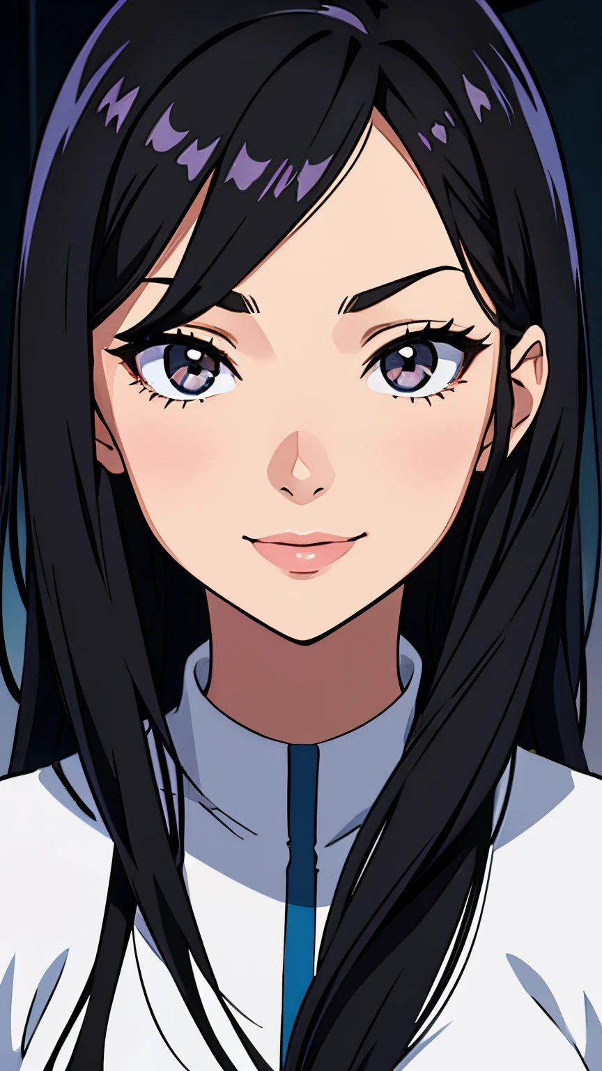 One girl with black hair, hair lenght until bust, straight hair, hair parted in center of head, round face. hairstyle with a center part, that the hair should be parted down the middle, creating a symmetrical look without any frontal hair covering the forehead. Looking straight, looking at viewer. Smiling. Solo, one girl. Looking straight, straight.