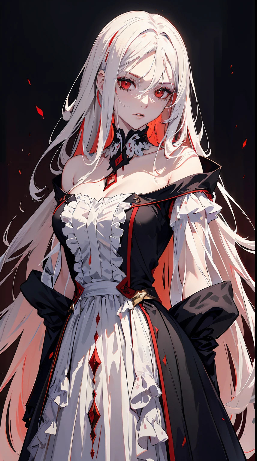 1 girl, anime, masterpiece, best quality, intricate details, futuristic setting, red and white hair, smirk, elegant, maid uniform, demon horns, bun, spiked bracelets, red lipstick, gothic aesthetic, tall, curvy, confident pose, black maid dress, corset, fishnet stockings, short hair