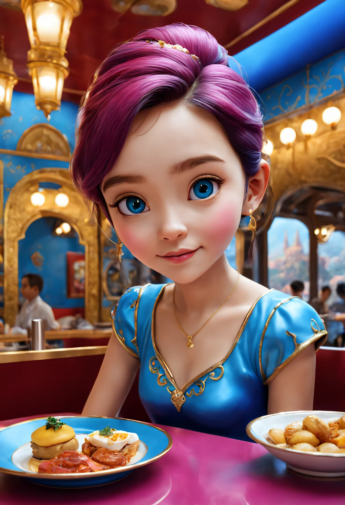 (Cute girl in cloisonné theme park restaurant),visitor,Tapas,dreamland dreamland,ultra-realistic realism,Asymmetrical balance ,( magenta )Carmine+( blue white colors )Blue-cyan+( tin foil gold )golden colored,pixar character