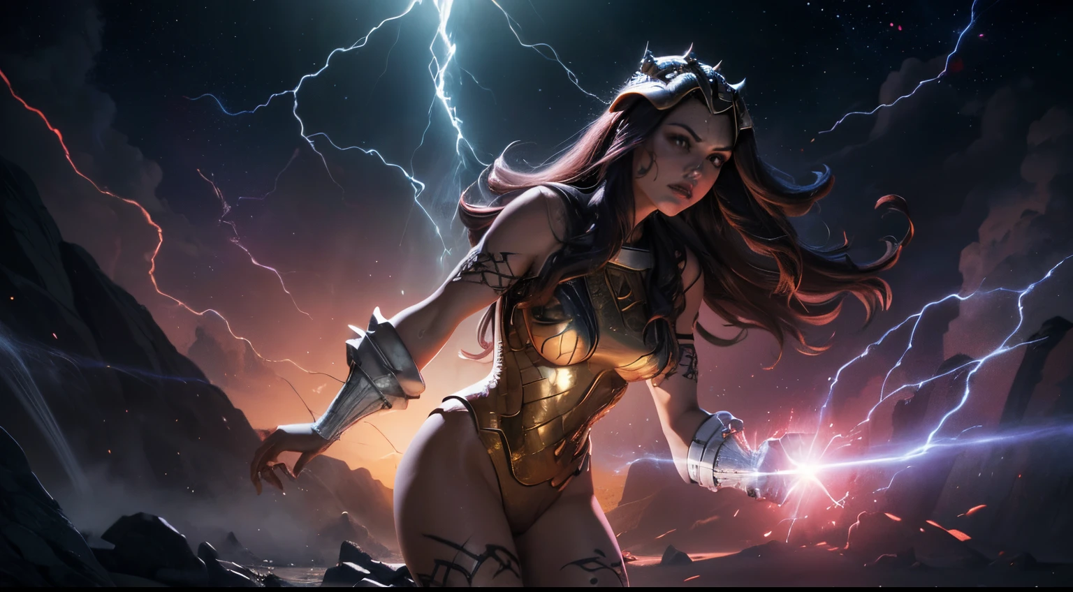 A fusion of the Scarlet Witch and Thor, luz da lua distante, Noite, Florescer), (cinemactic, melhor qualidade, master part, texturas ultra HD, altamente detalhado, hyper realistic, detalhes intrincados, 8k, Fotorrealista, arte conceitual, pintura Fosca, Autodesk Maya |, vray render, ray tracing, HDR), (DSLR, quadro completo, 16mm focal length, F/Abertura 8, dynamic perspective, Dynamic angle, proportion Aurea, FotograFia ampla, wide field of view, proFundidade de campo, Reduzir)