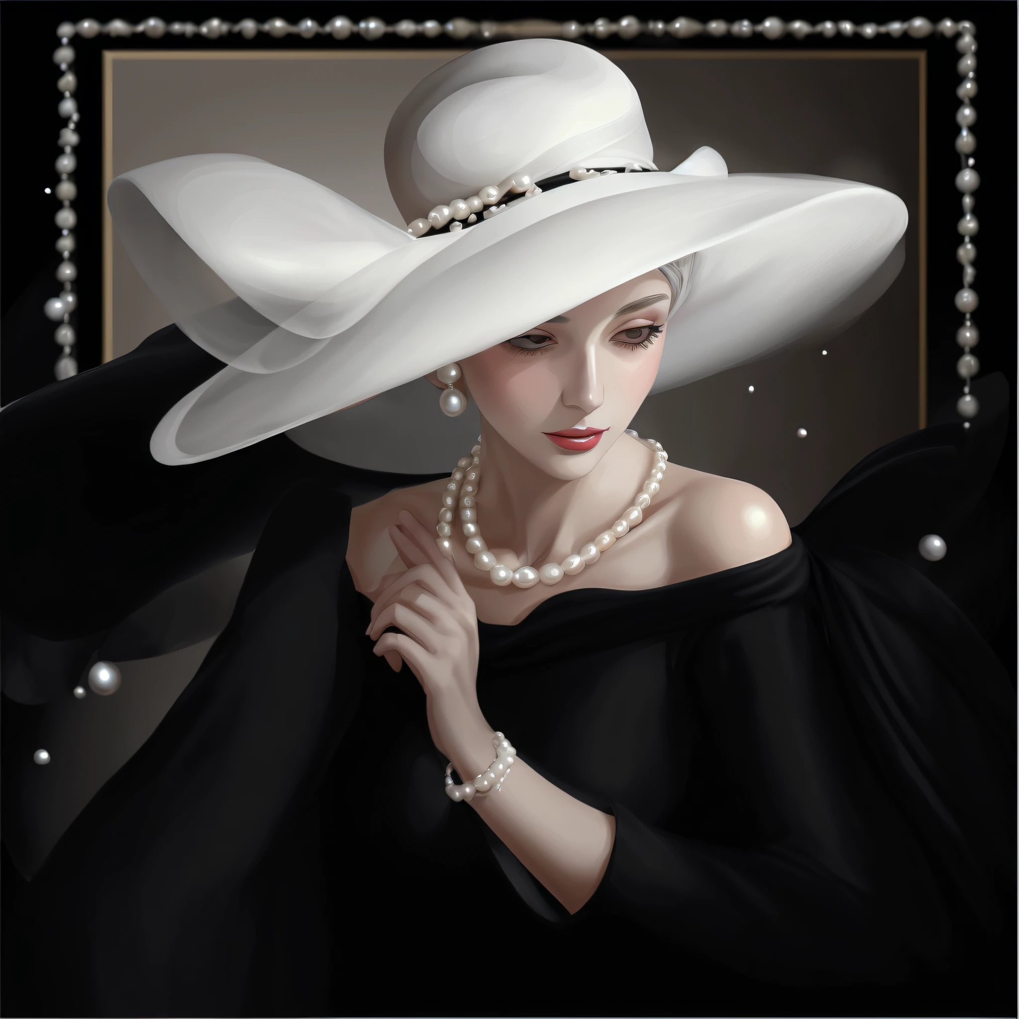 Wearing a white hat、Alafid woman wearing pearl necklace and pearls, Elegant lady, elegant woman, fancy hat, digital art of an elegant, woman with hat, Gorgeous ornate hat, classy girl, Mysterious charm, elegant digital painting, ( ( Big black hat ) ), with hat, She wears a cap, Elegant and lifelike, enjoying life!!! Elegant