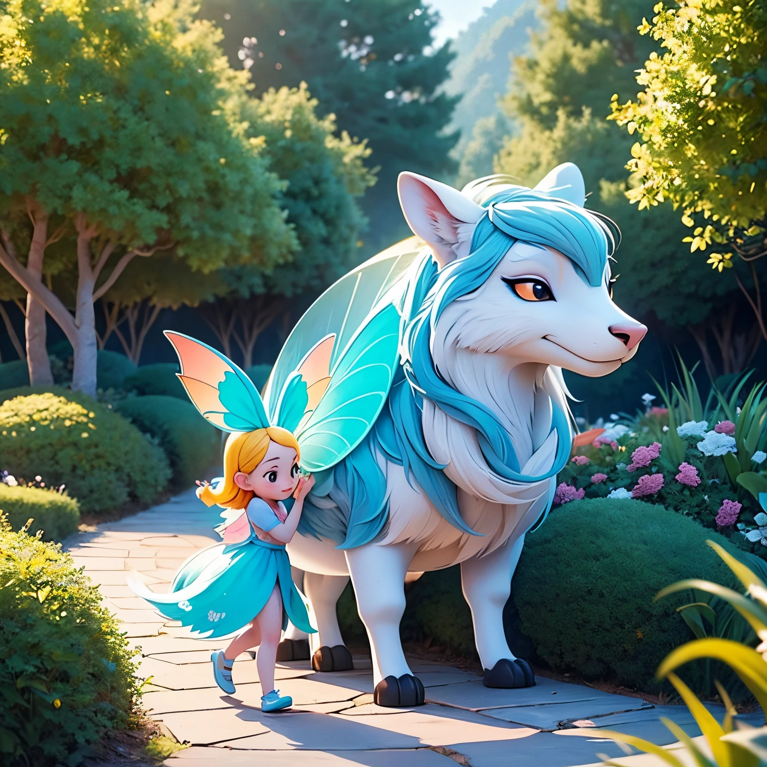 Draw a theme park where Lyuli walk freely and interact with wild animals, and wild animals are not afraid of people and approach them, Wild Animal Theme Park, people petting kind wild animals, people hugging wild animals, wild animals are very kind, Pixar 3D style, Very high detail, fairy park, bright colors in Disney style, View from the top
