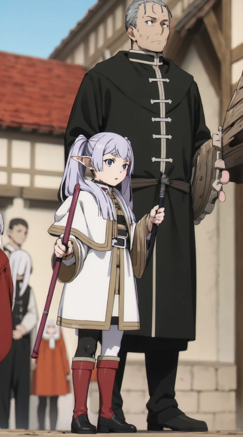 frieren, holding staff, medium breasts, tall female, sousou no frieren, elf, silver hair, standing, tunic, serious, white cloths, white scarf, full body, white tunic, twintails,