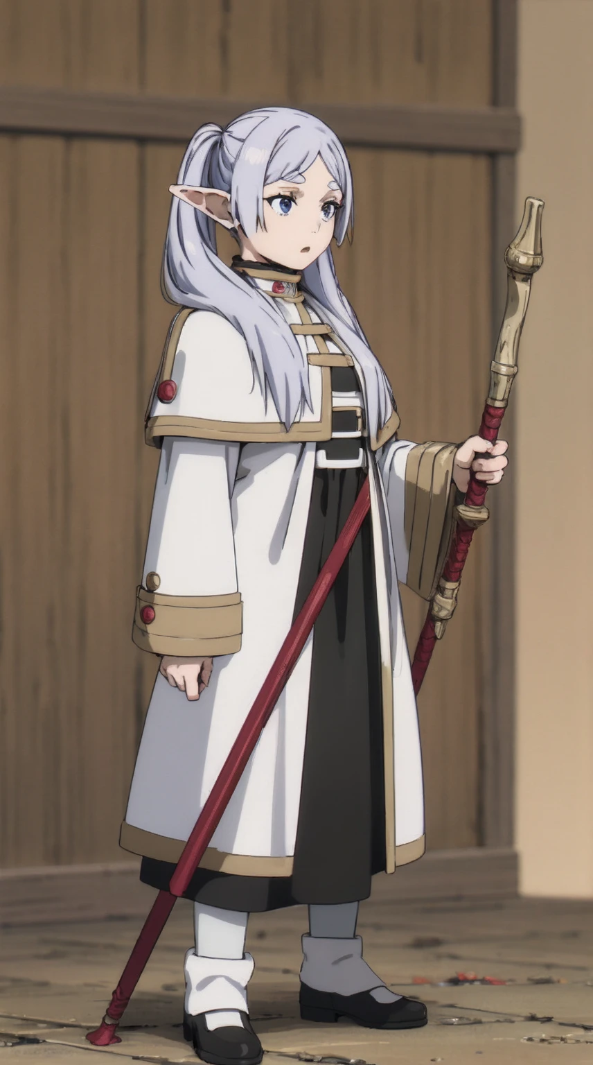 frieren, holding staff, medium breasts, tall female, sousou no frieren, elf, silver hair, standing, tunic, serious, white cloths, white scarf, full body, white tunic, twintails,
