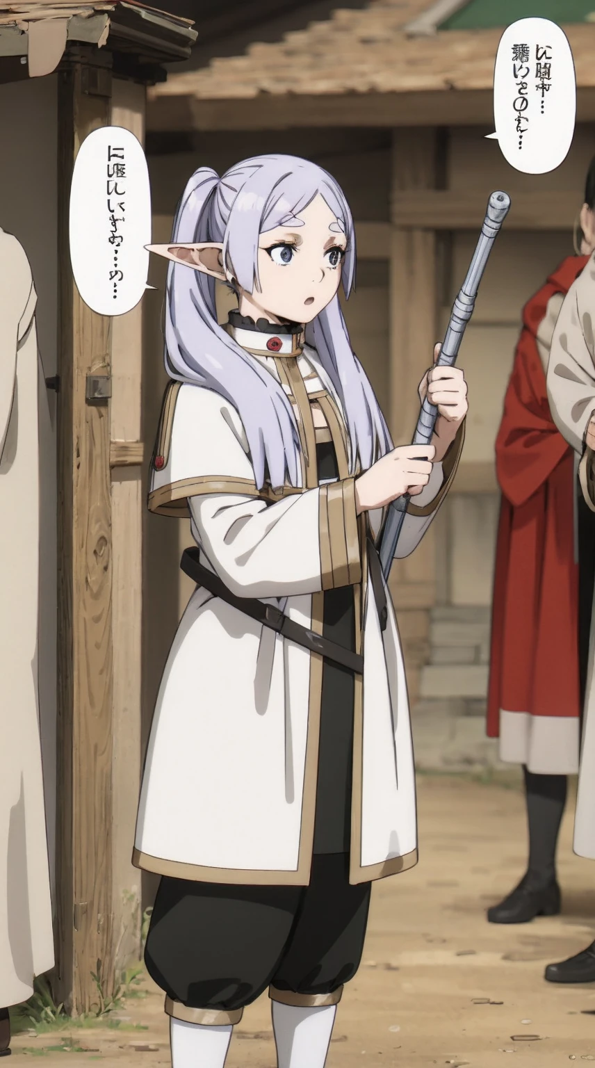 frieren, holding staff, medium breasts, tall female, sousou no frieren, elf, silver hair, standing, tunic, serious, white cloths, white scarf, full body, white tunic, twintails,