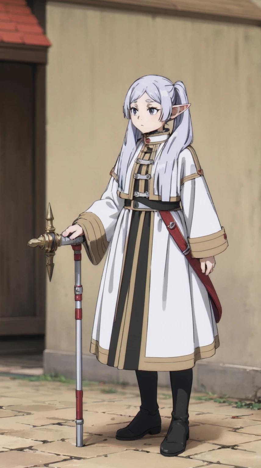 frieren, holding staff, medium breasts, tall female, sousou no frieren, elf, silver hair, standing, tunic, serious, white cloths, white scarf, full body, white tunic, twintails,