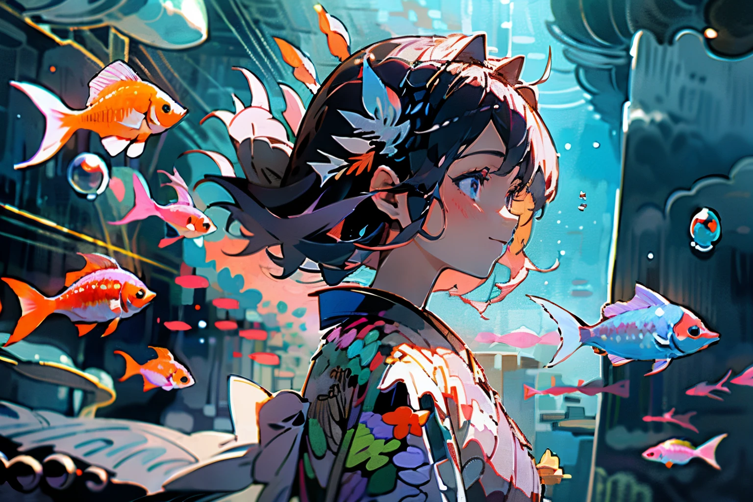 Girl facing the front、 AngelT, goldfish, 独奏, blue eyess, Komono, Kimono, profile 、Smiling、bubbling, Purple kimono, hair adornments, bangss, under the water、The background is Ryugu Castle